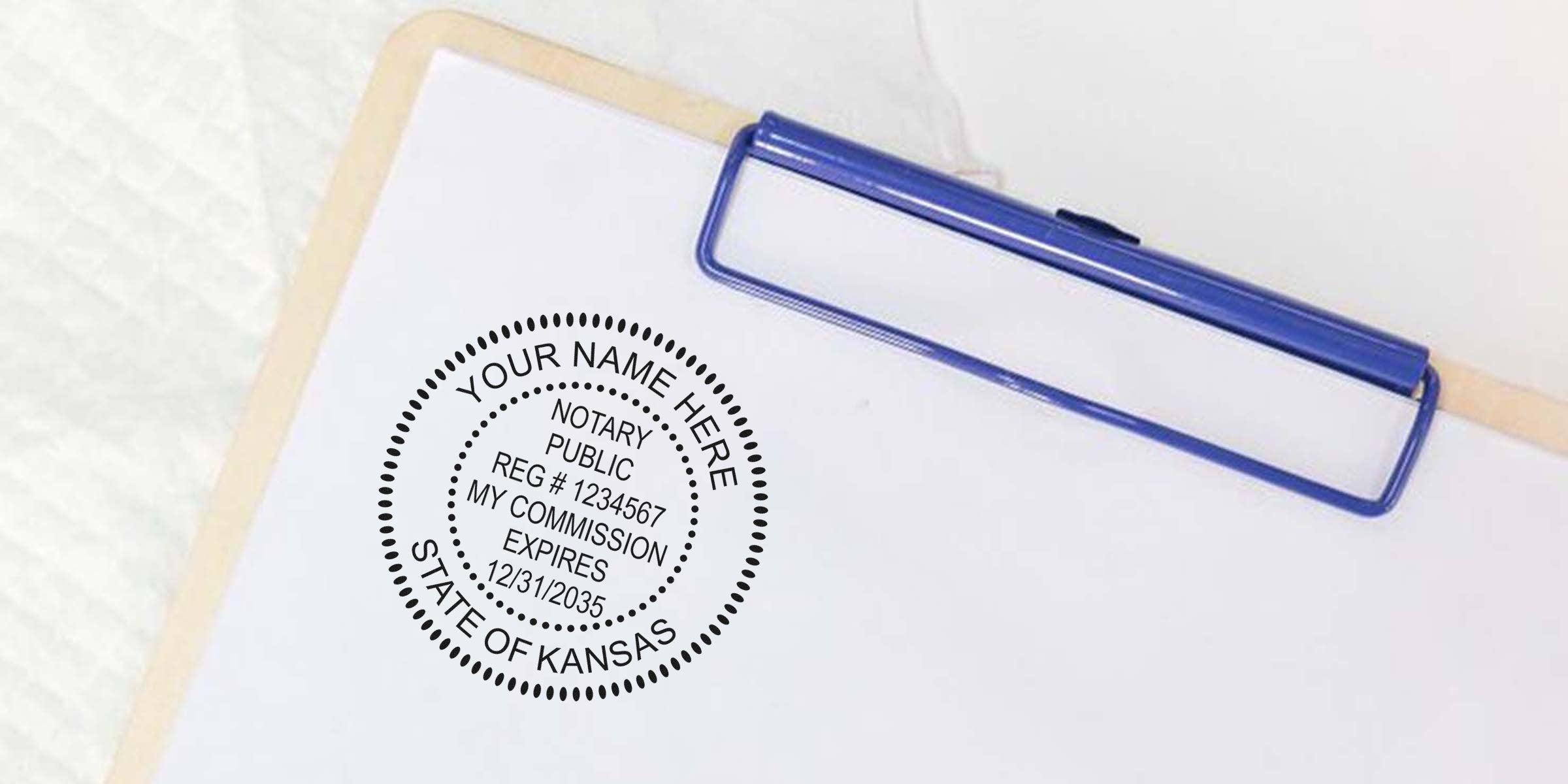 Kansas notary seal stamped on clipboard with blue clip, used for official document verification per notary public rules.