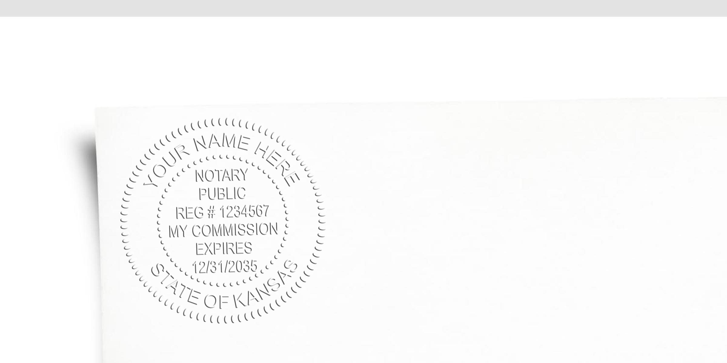 Embossed KS Notary Stamp on white paper for Kansas commission expiration verification, a key Business Notary Tool.
