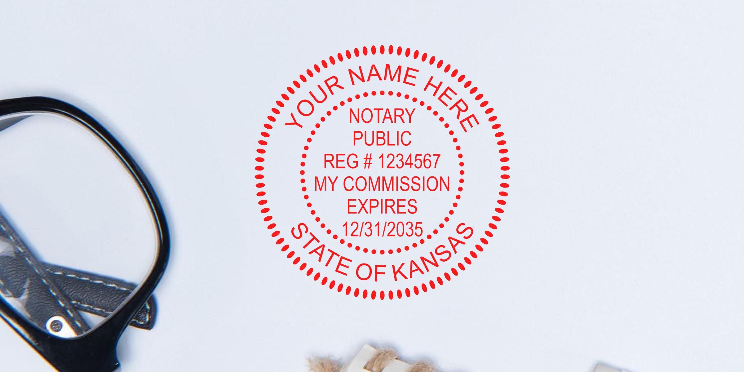 Kansas notary stamp displaying commission expiration date and registration number, example of Kansas notary stamp format.