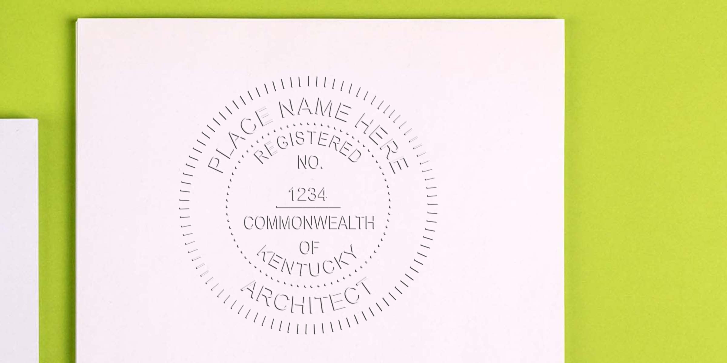 Kentucky architect stamp seal on white paper with green background, meeting Kentucky architect stamp requirements.
