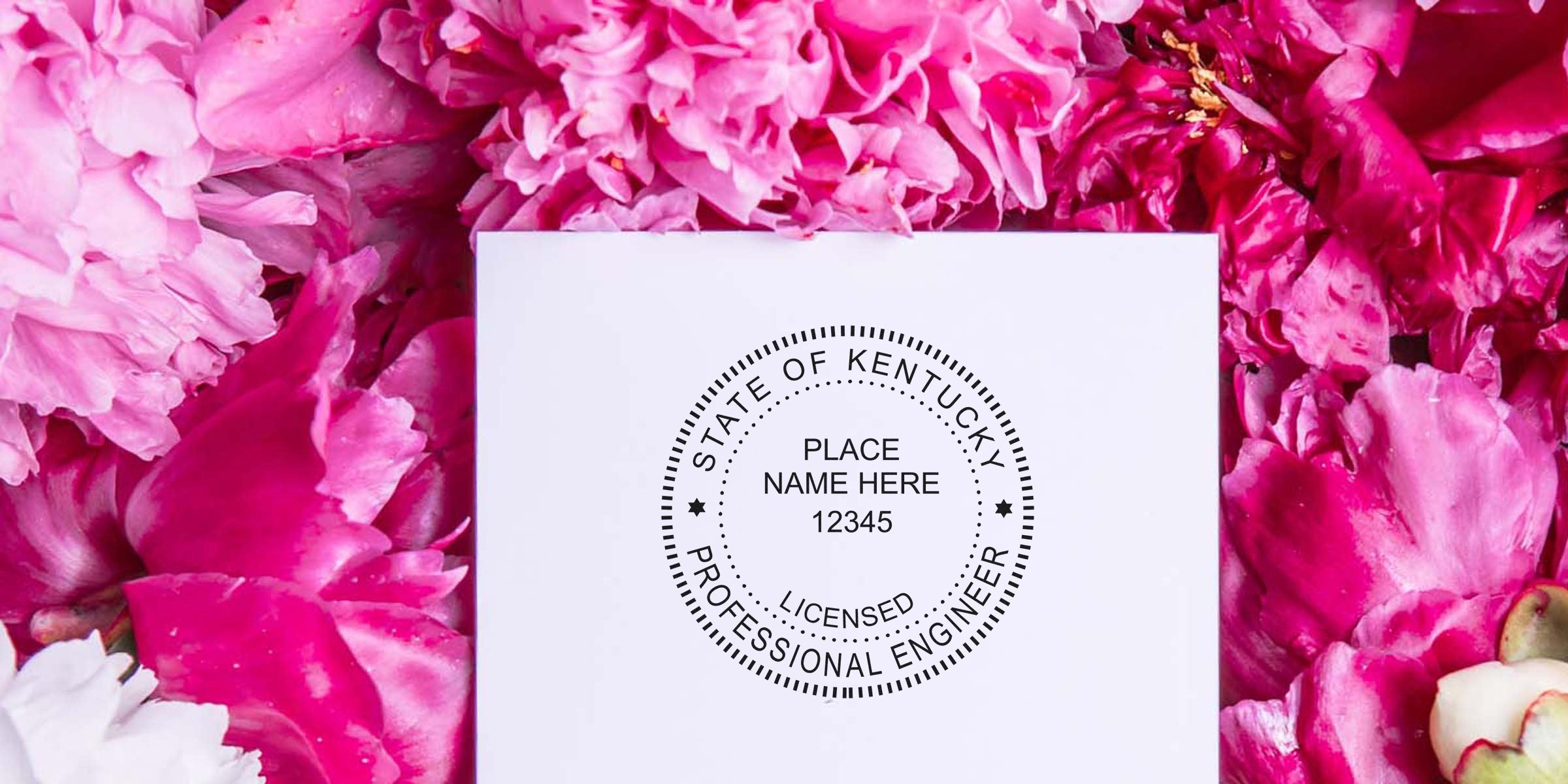 Kentucky professional engineer seal on white paper, surrounded by pink peony flowers, illustrating Kentucky engineer stamp requirements.