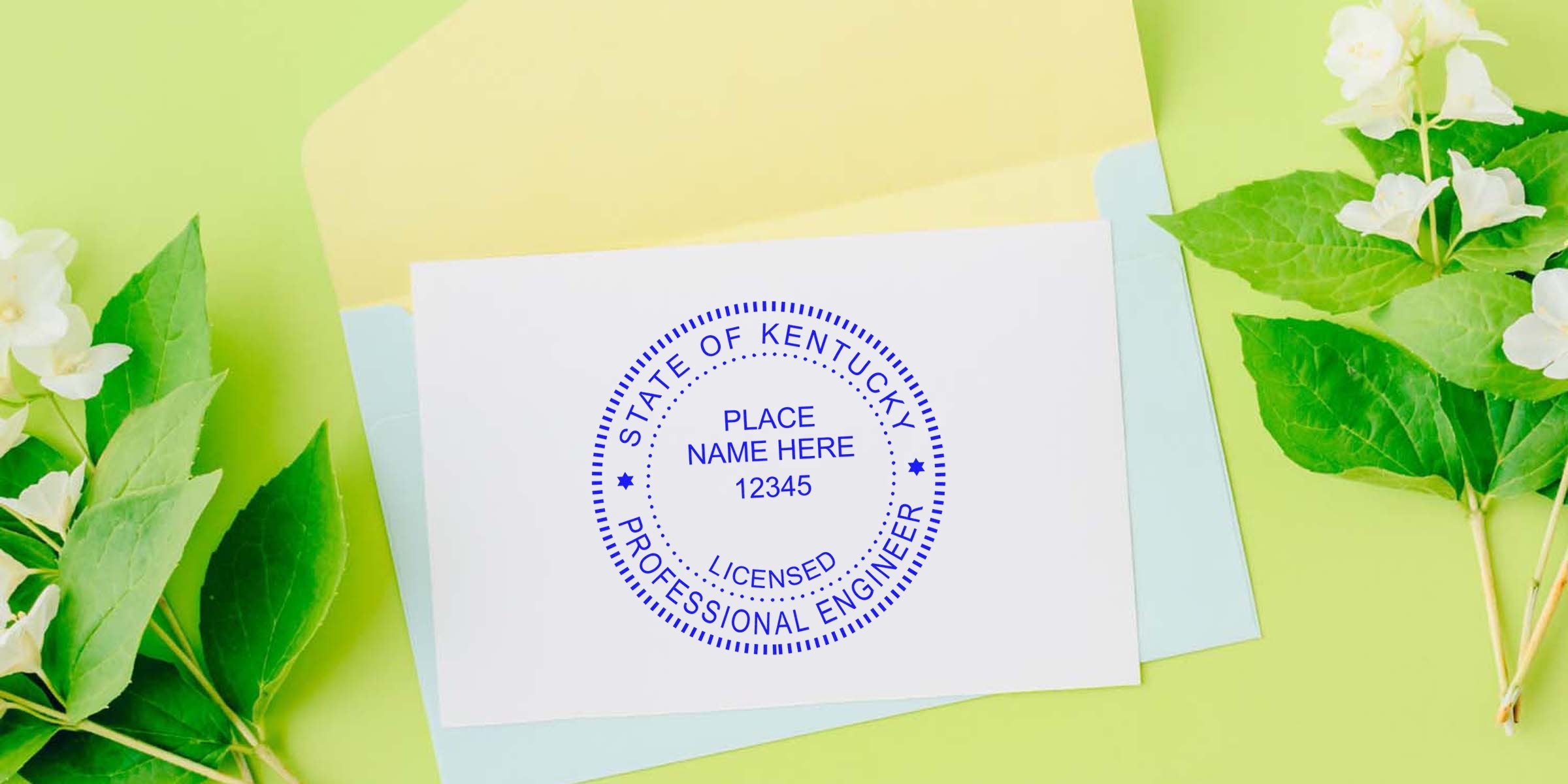 Kentucky PE Seal professional engineer stamp on white card with floral background, displaying Engineering Stamp details.