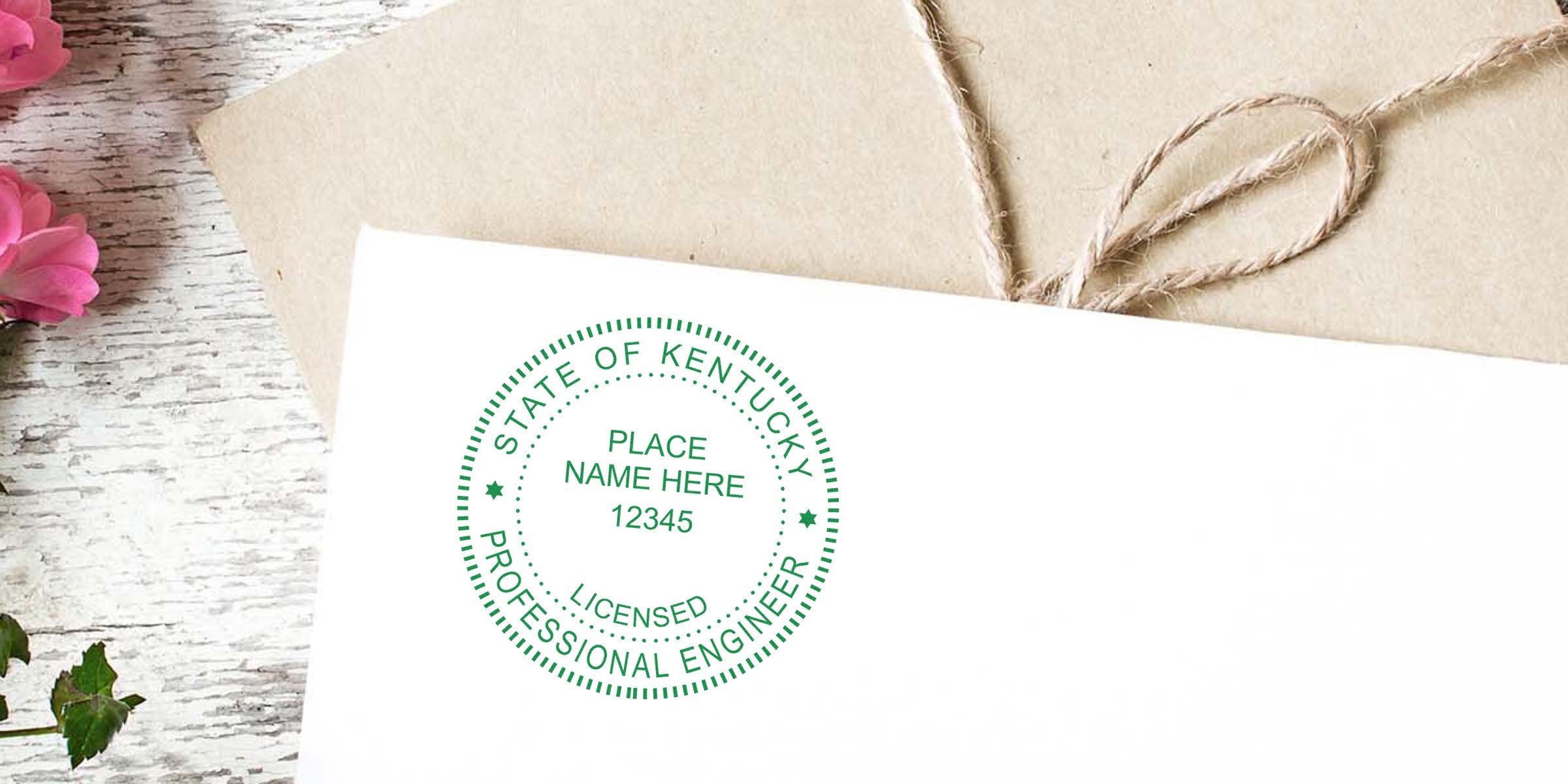 Kentucky Professional Engineer seal stamped on envelope, set against a rustic background with pink flowers.