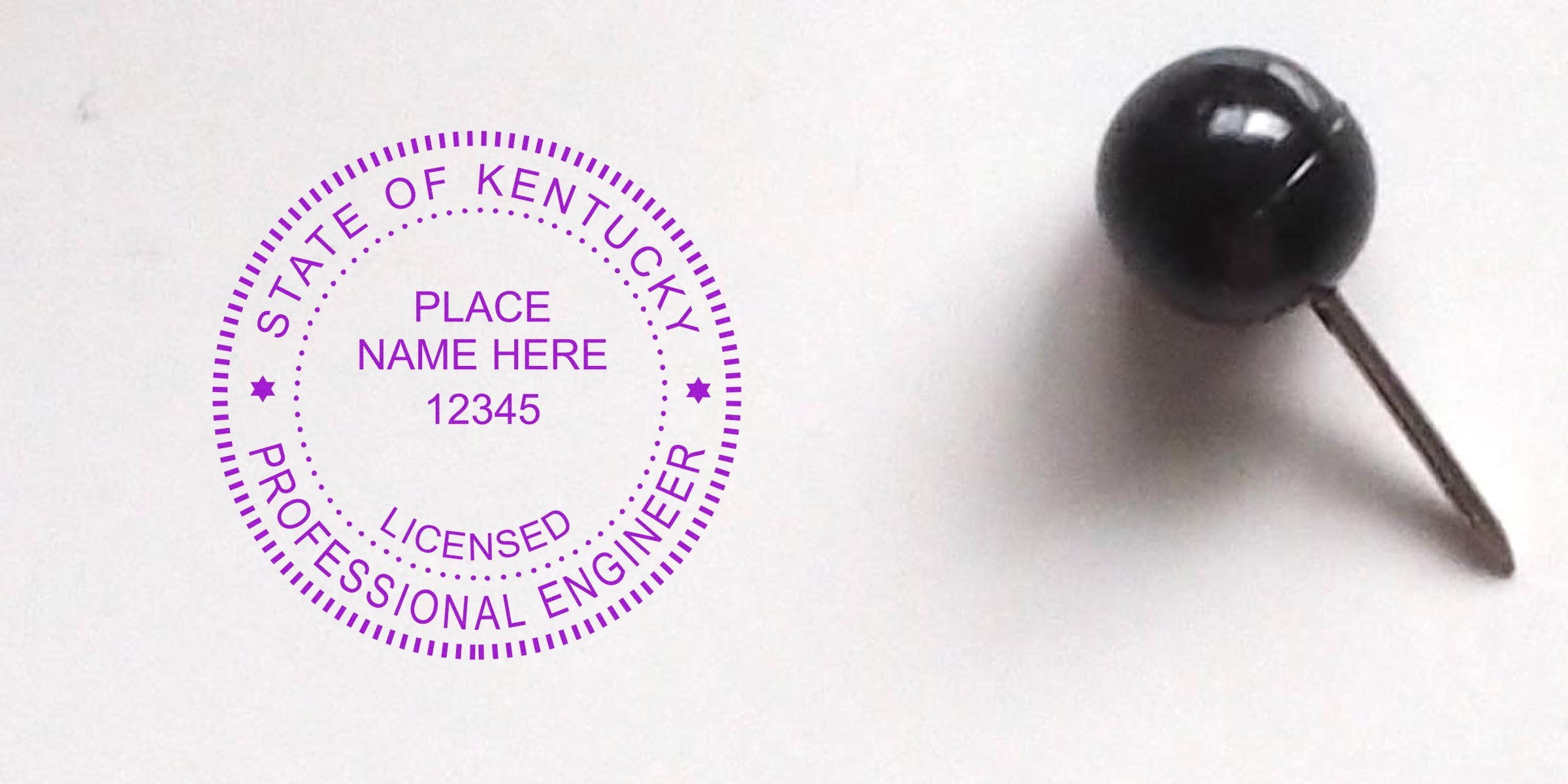 Kentucky PE seal with black push pin on white background, symbolizing custom engineering seals.