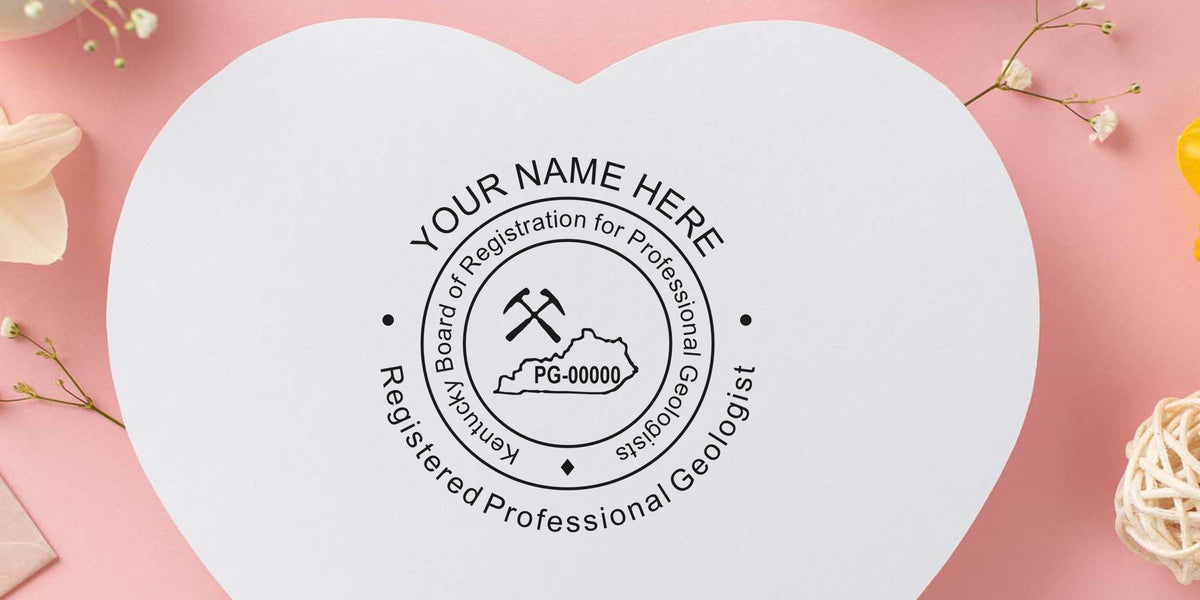 Kentucky Registered Professional Geologist seal with crossed hammers and state outline on heart-shaped paper, made by a custom stamp maker as a Kentucky geologist stamp.