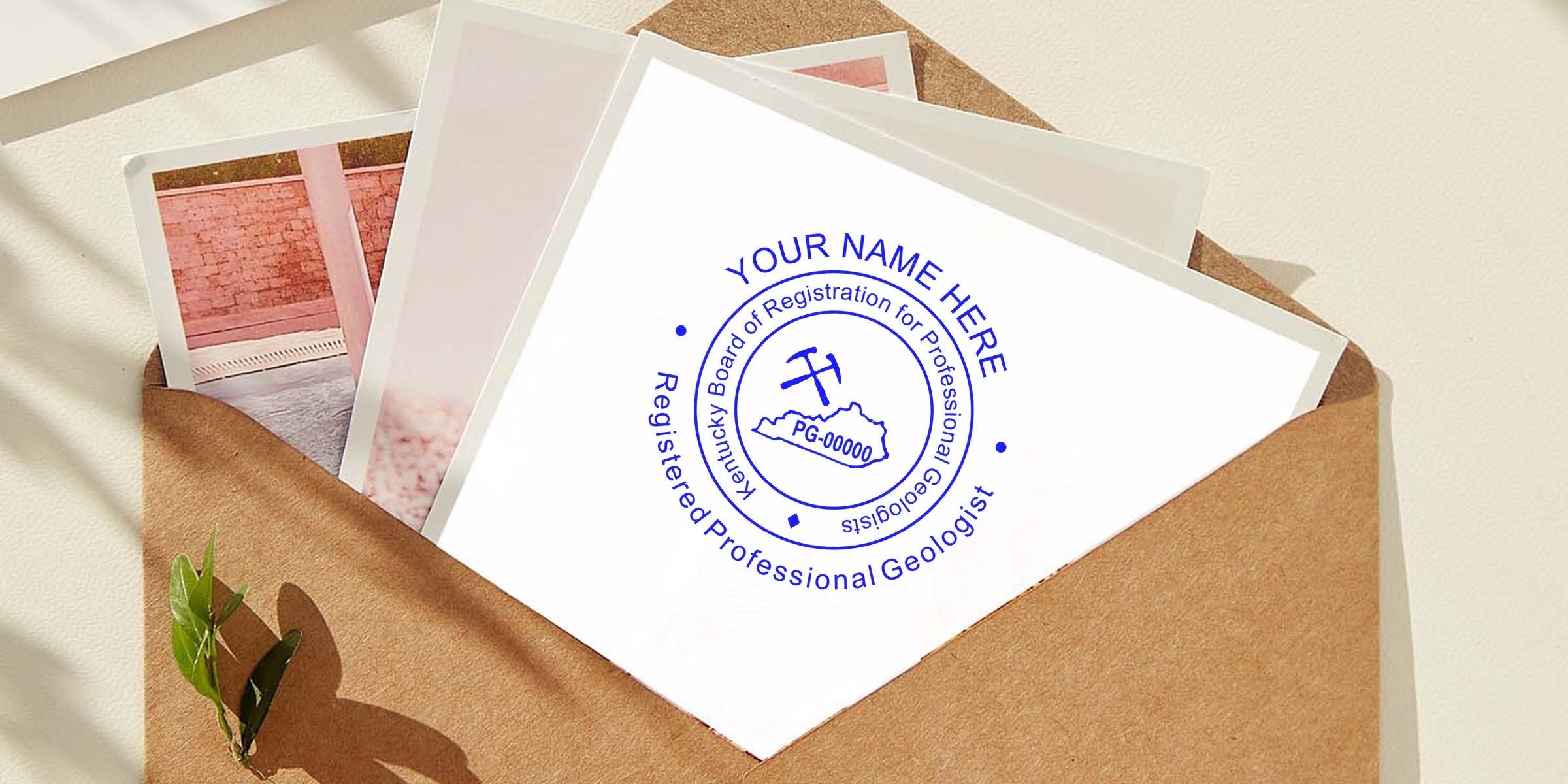 Envelope with Kentucky geologist stamp and professional geologist imprint from the Kentucky Board of Registration for Professional Geologists.