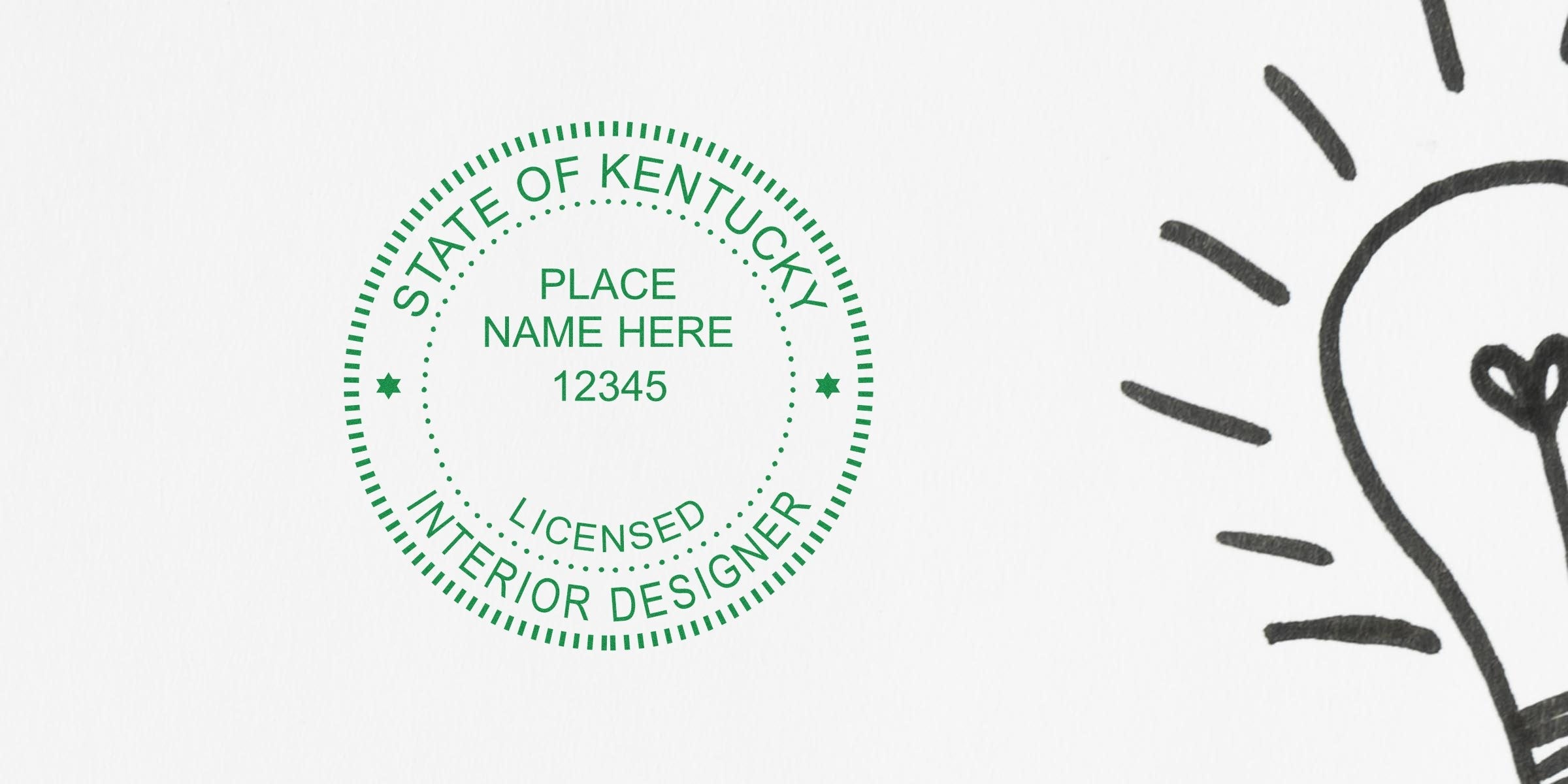 Kentucky interior designer stamp with a light bulb sketch symbolizing creative interior design ideas and licensing in Kentucky.
