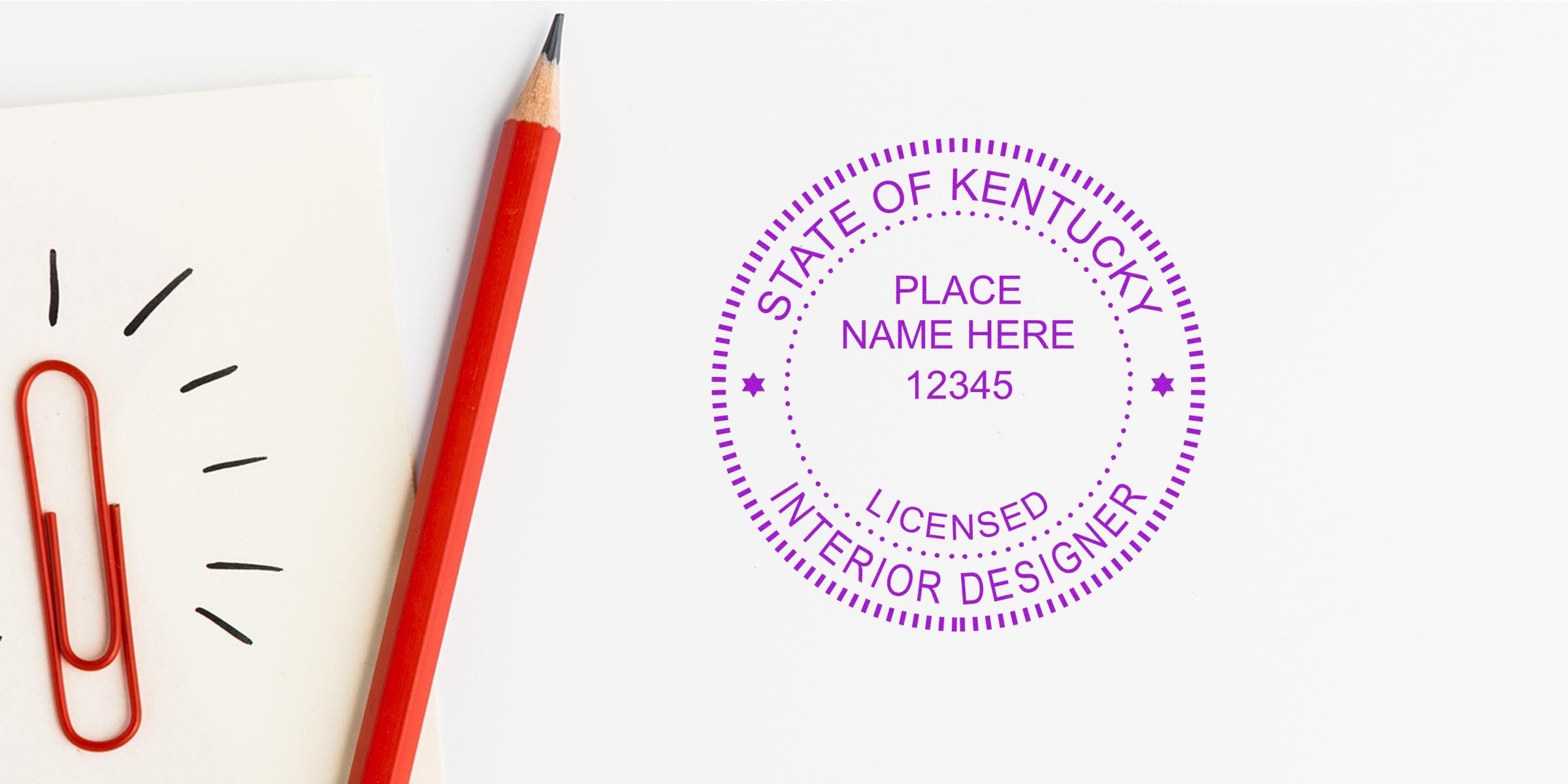Kentucky seal embosser stamp with red pencil and paperclip on white background, highlighting business branding tools.