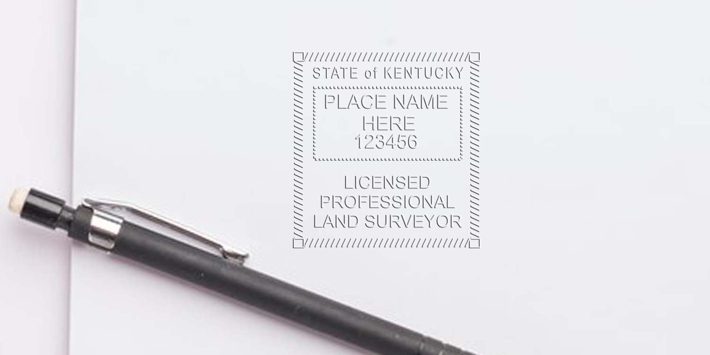 Kentucky land surveyor stamp on paper, marked with a black mechanical pencil, following Kentucky land surveyor stamp guidelines.