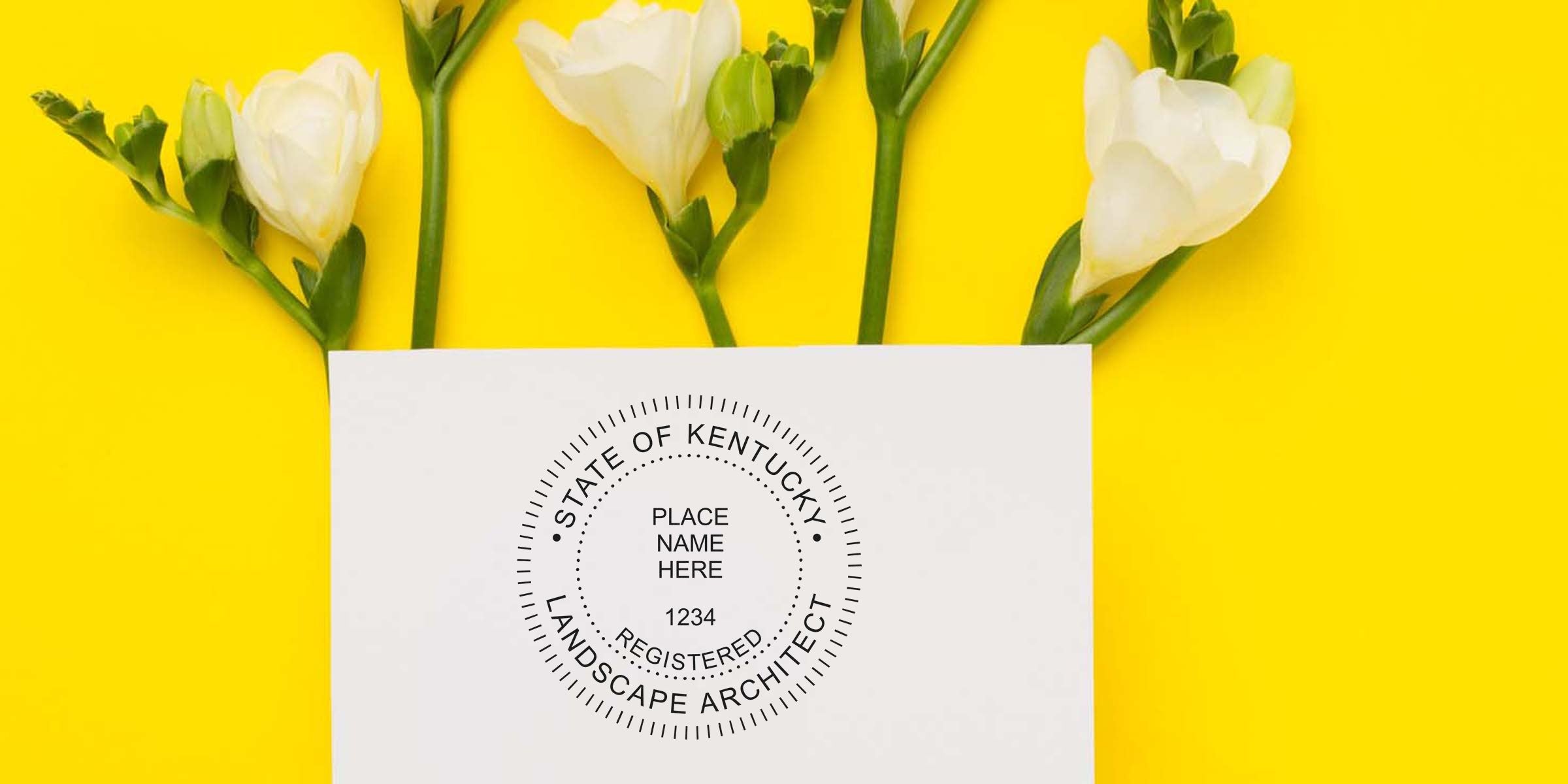 White freesia flowers with the Kentucky landscape architect stamp and seal on a yellow background.
