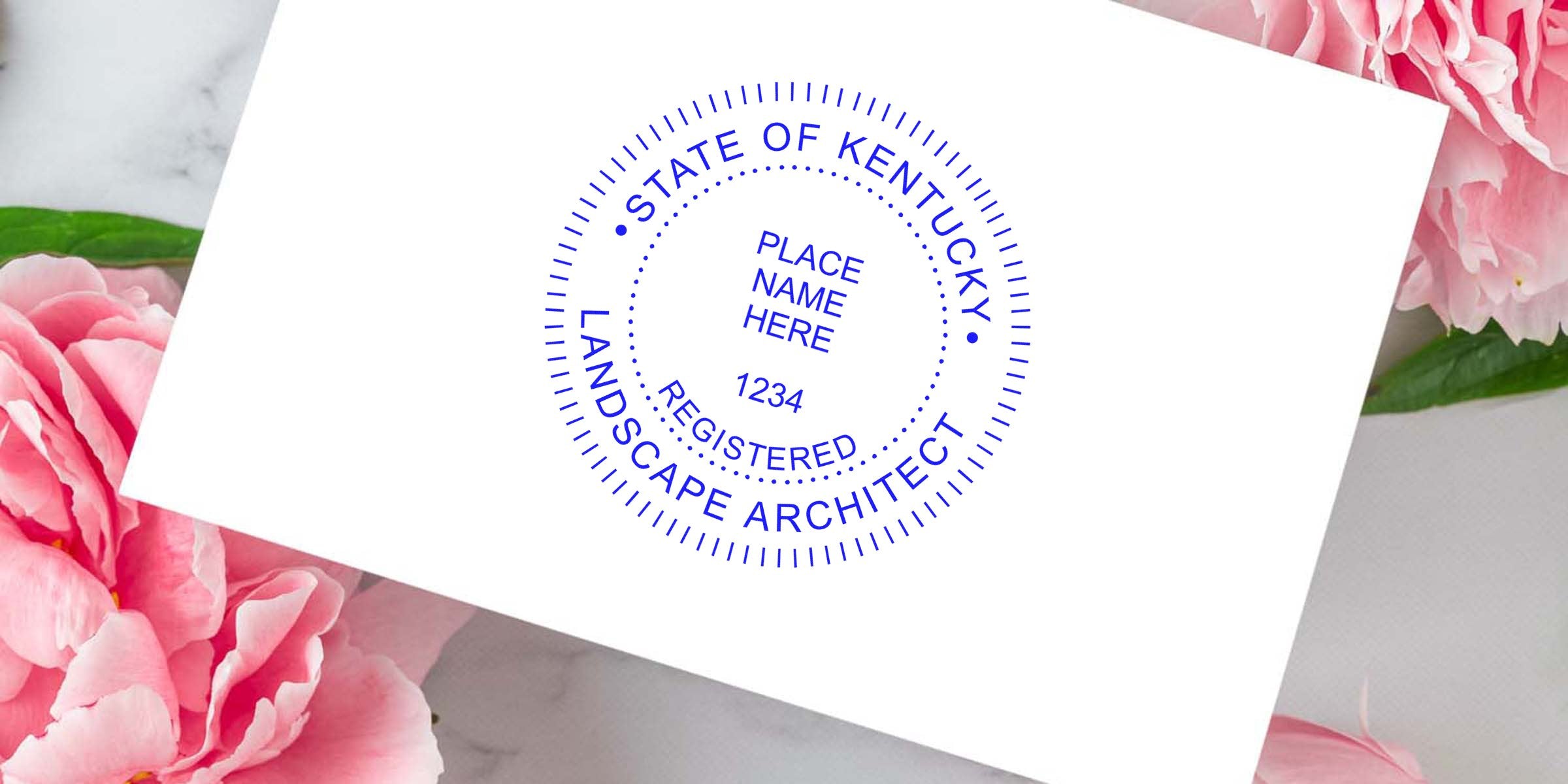 Kentucky landscape architect seal on white paper with pink flowers, emphasizing online landscape design shopping.