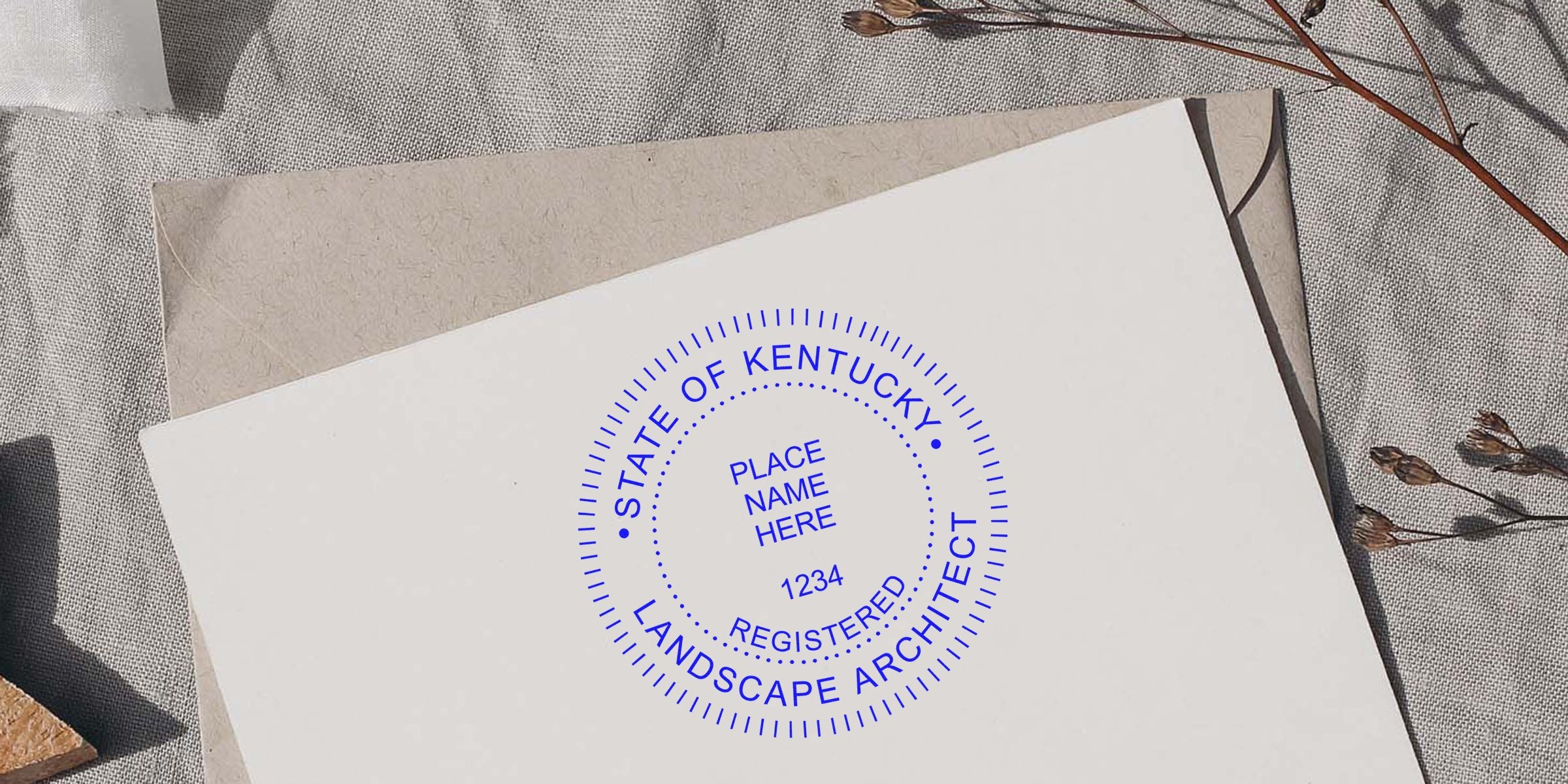 Kentucky landscape architect stamp on white paper with natural background, emphasizing the purchase of the Kentucky landscape architect stamp.