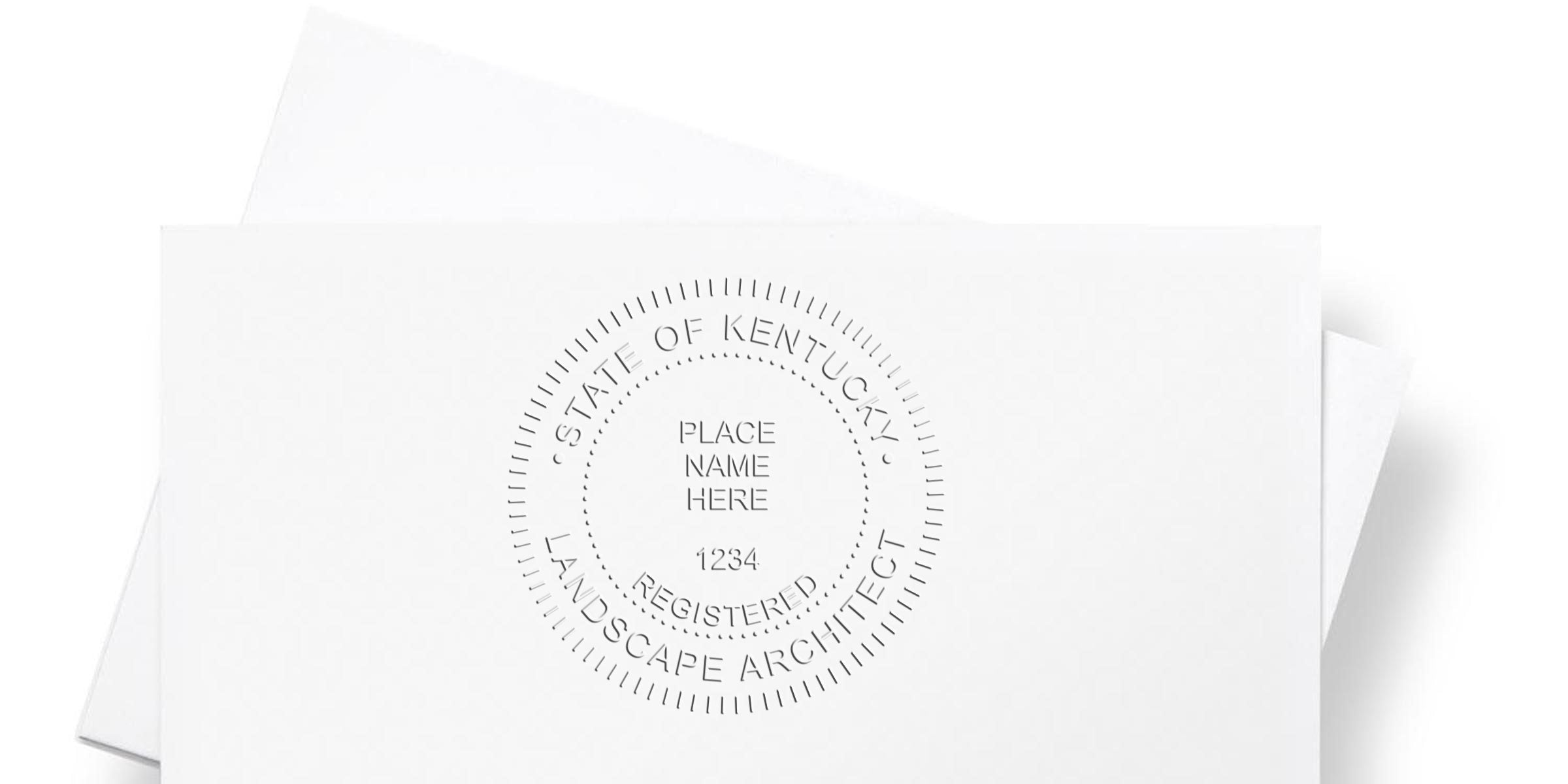 Kentucky Landscape Architect License embossed seal on white paper with Landscape Architect Stamp Kentucky.