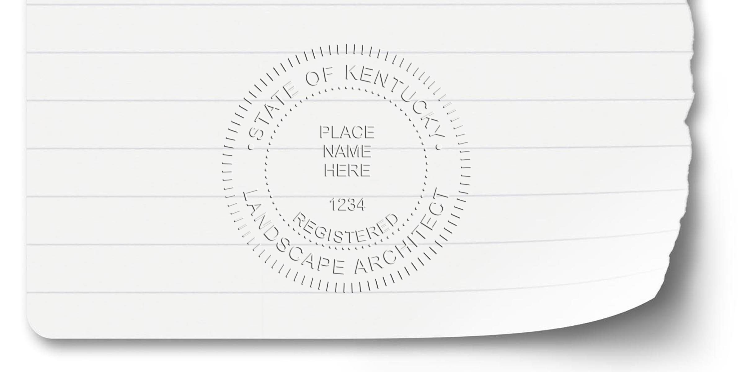 Embossed Kentucky Landscape Architect Seal on white lined paper, highlighting detailed design tips.