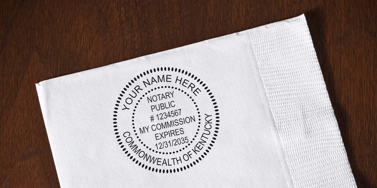 Custom notary stamp impression on white paper towel for Kentucky notary supplies and verification tools.