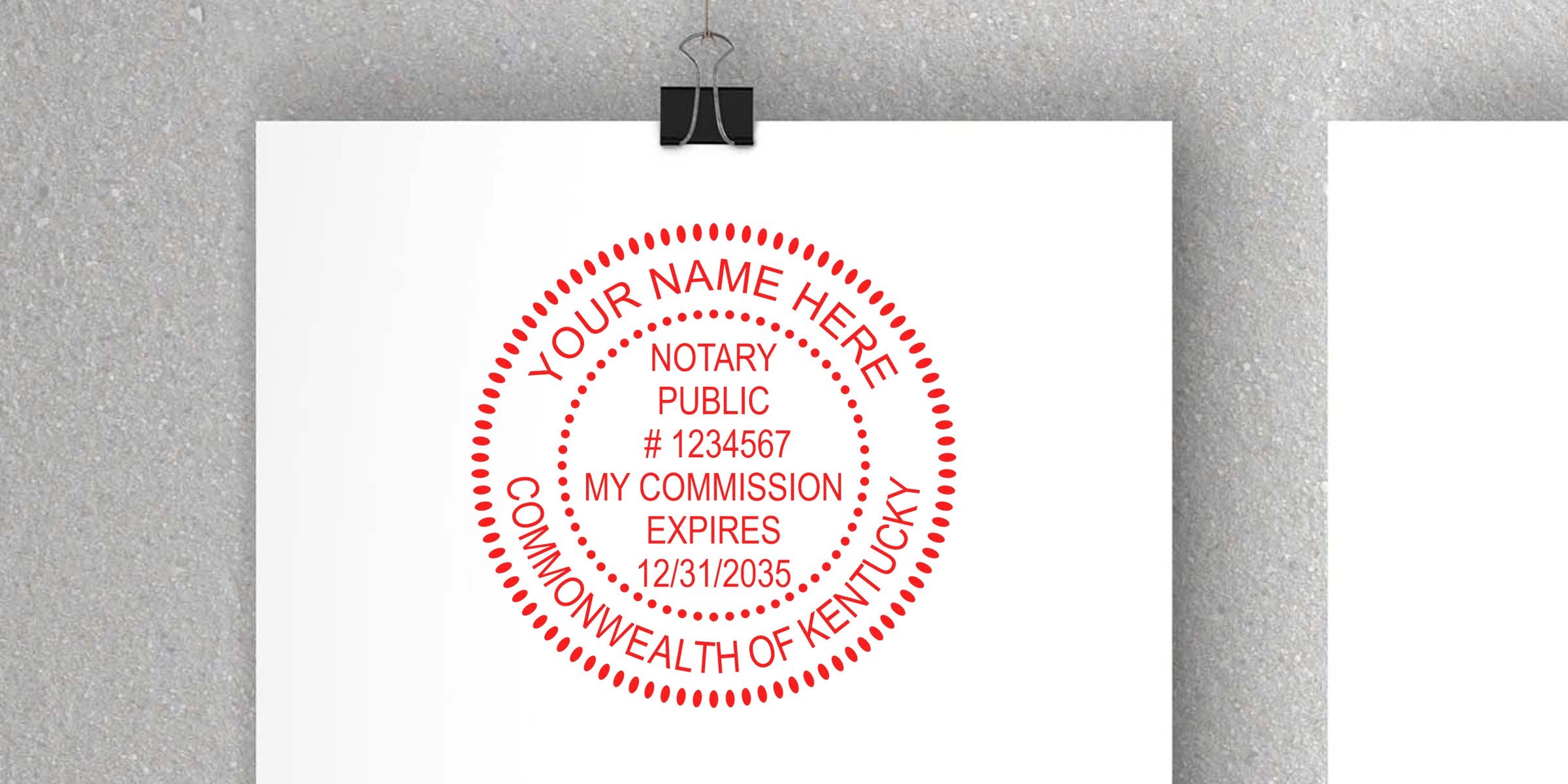 Kentucky notary public stamp on white paper with commission expiration date, showing Kentucky notary stamps and key notary supplies.