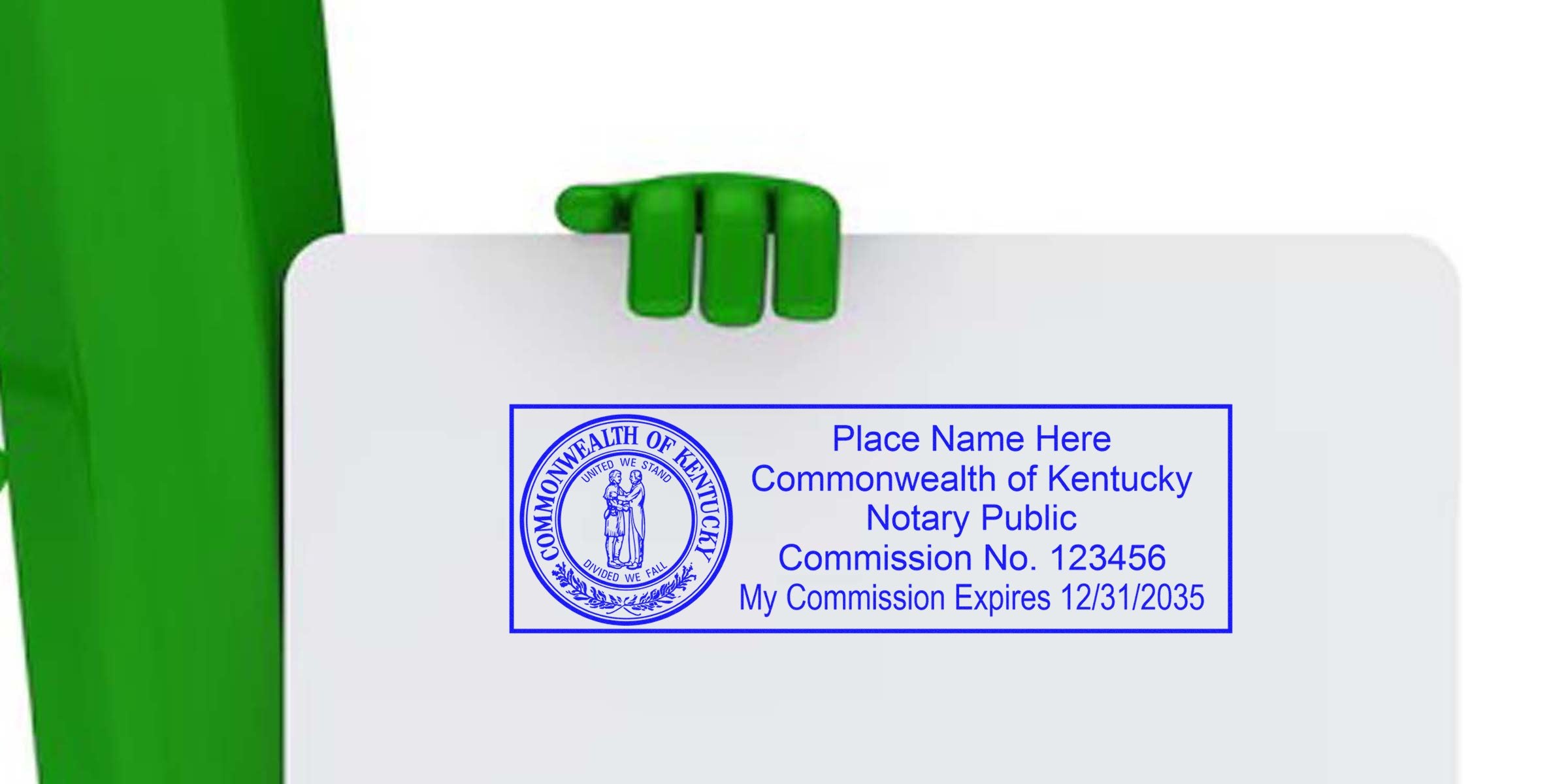 Kentucky notary stamp with commission number and expiration date held by a green hand, complying with Kentucky notary stamp law.