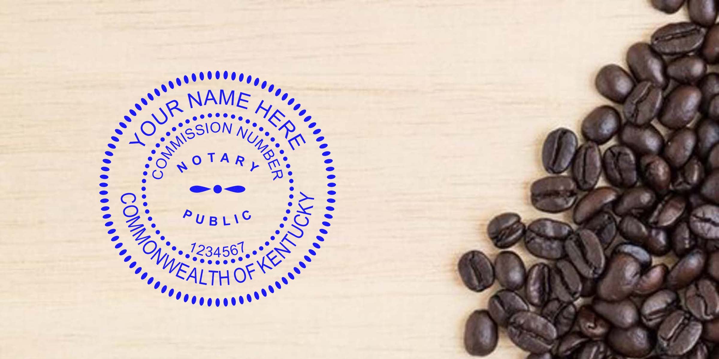 Kentucky Notary Seal stamp on wooden background with coffee beans, showcasing Kentucky Notary Tips.