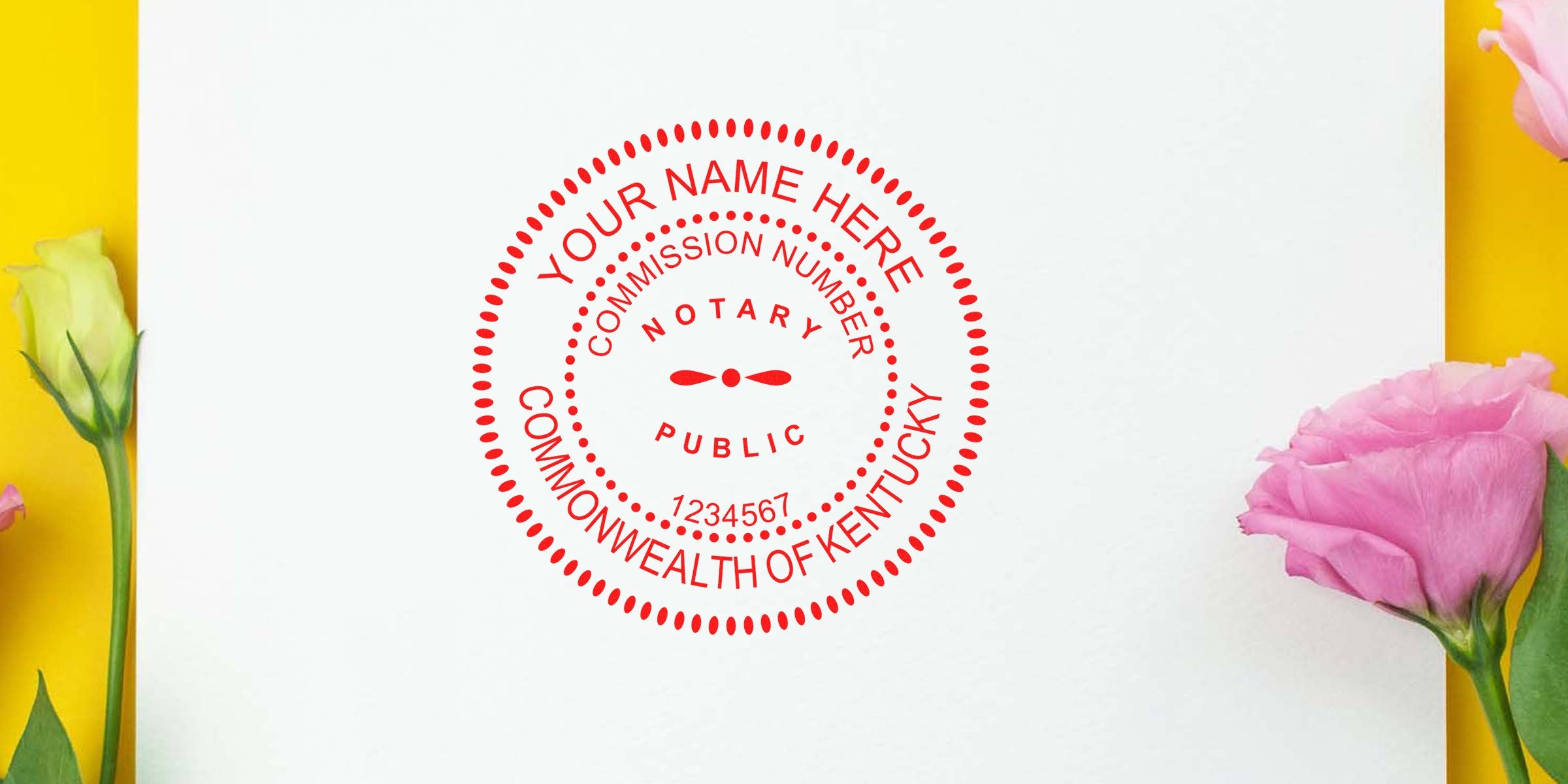 Kentucky notary seal stamped on white paper with flowers, set against a yellow background, meeting Kentucky notary stamp requirements.