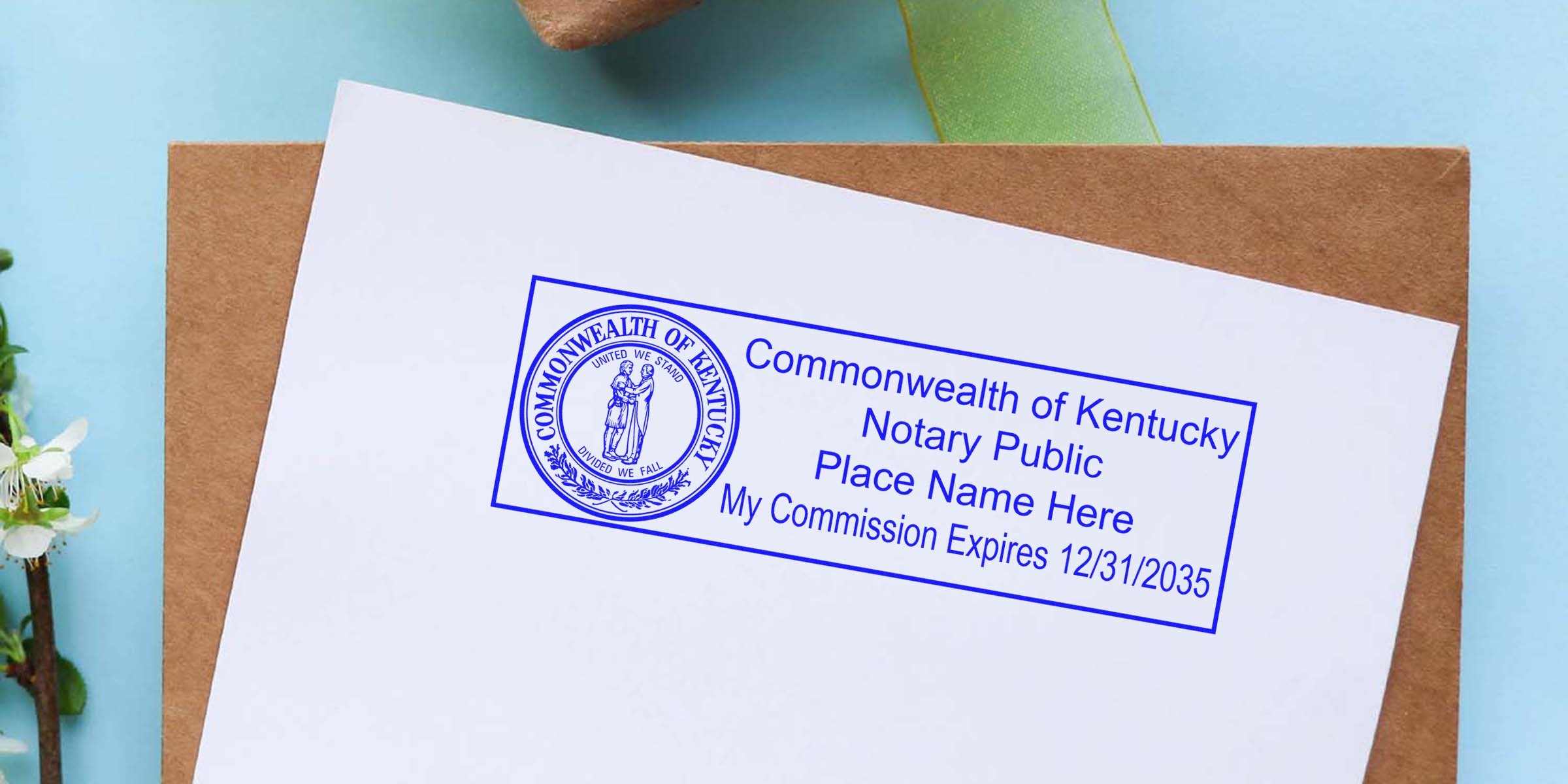 Kentucky notary stamp with self-inking on white paper, displaying commission expiration date and Commonwealth of Kentucky seal.