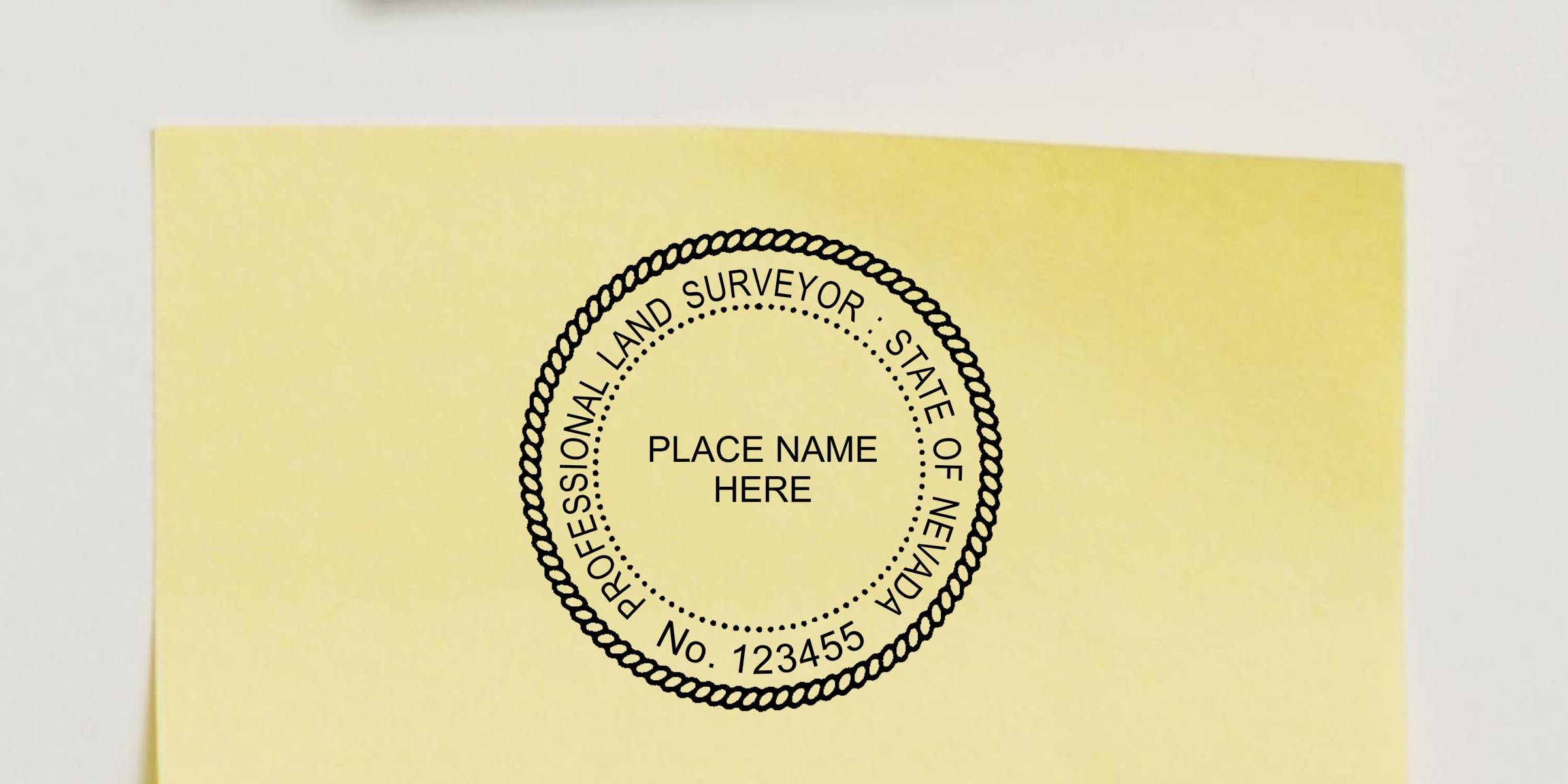 Yellow land surveyor certificate template with Nevada professional land surveyor seal and place name placeholder text on a pale yellow background