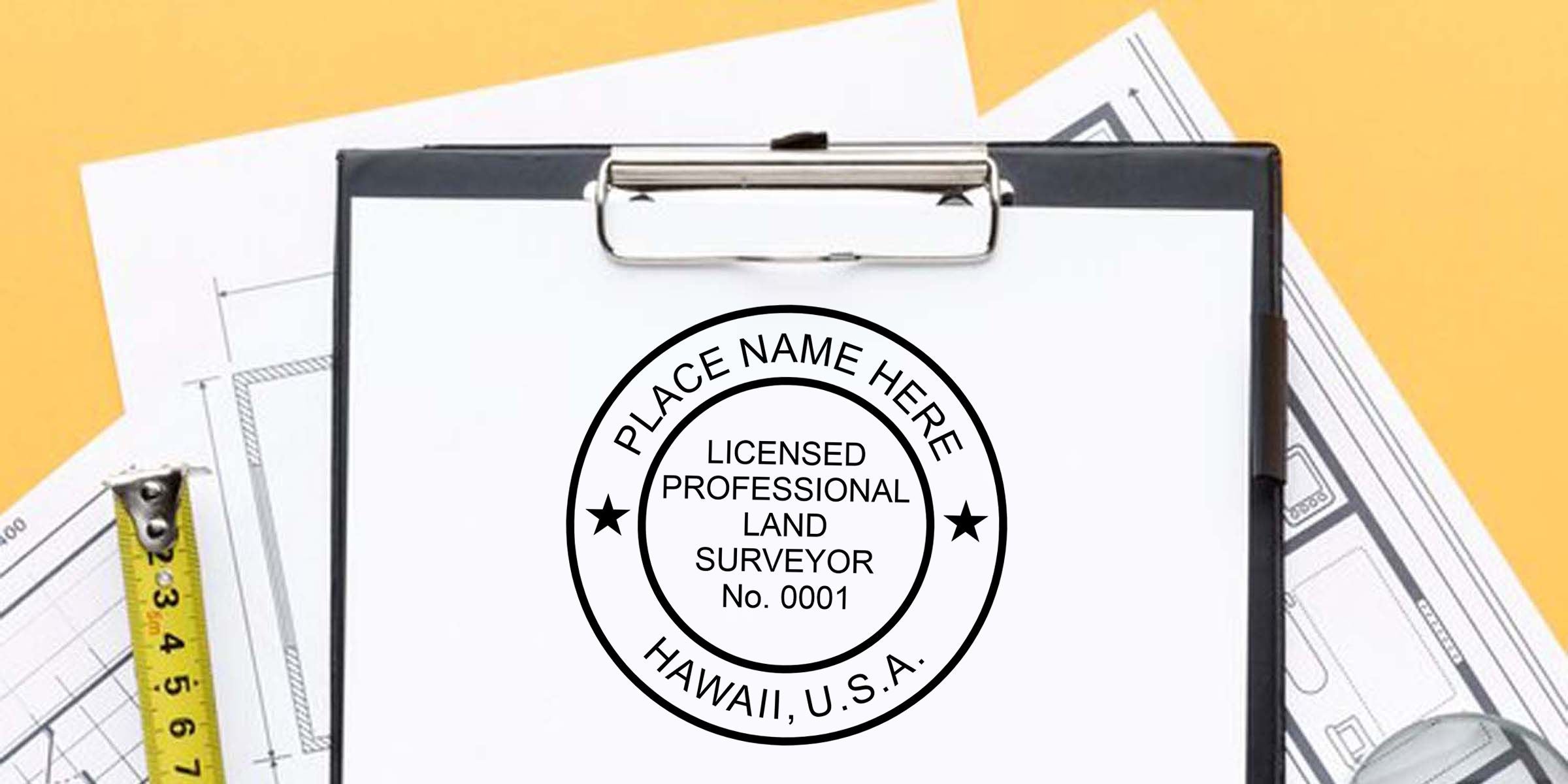 Clipboard with licensed professional land surveyor stamp, blueprint plans, and measuring tape on a yellow background, Hawaii USA land surveying concept