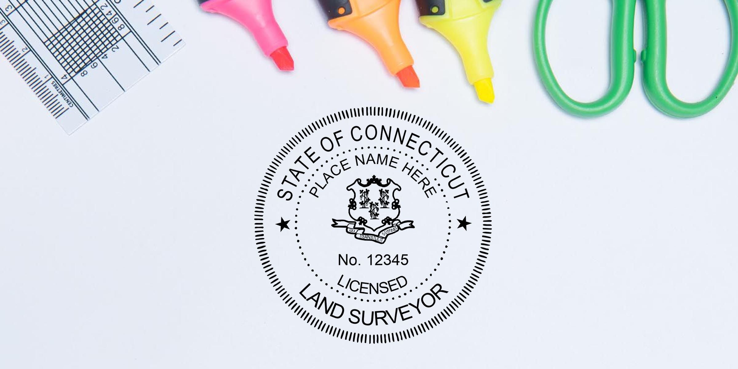 Licensed land surveyor Connecticut seal on white paper with colorful highlighters and a ruler, surveyor stamp template with placeholder license number 12345