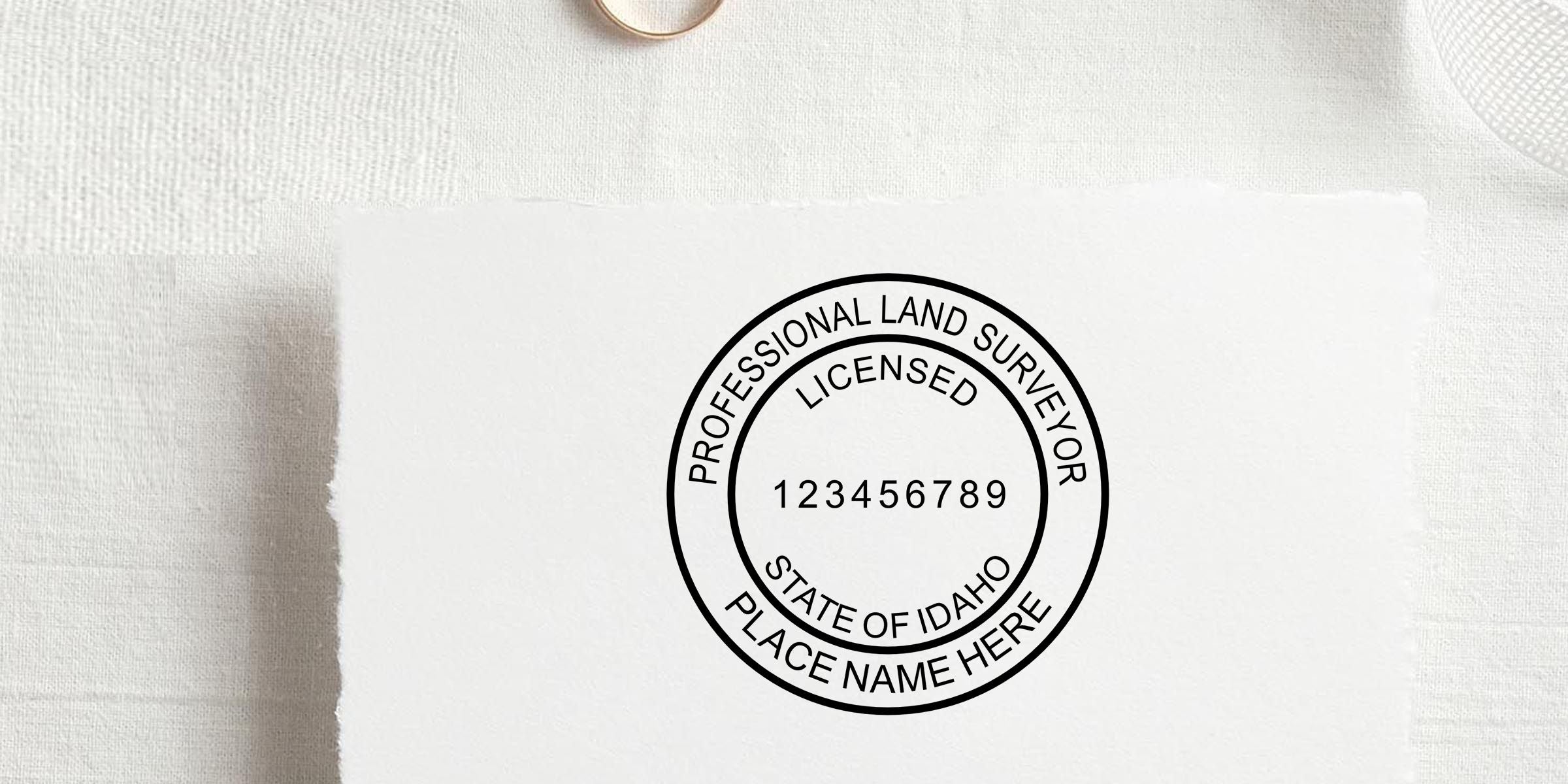 Professional land surveyor licensed stamp for the State of Idaho with place name placeholder and license number 123456789 on white paper backdrop