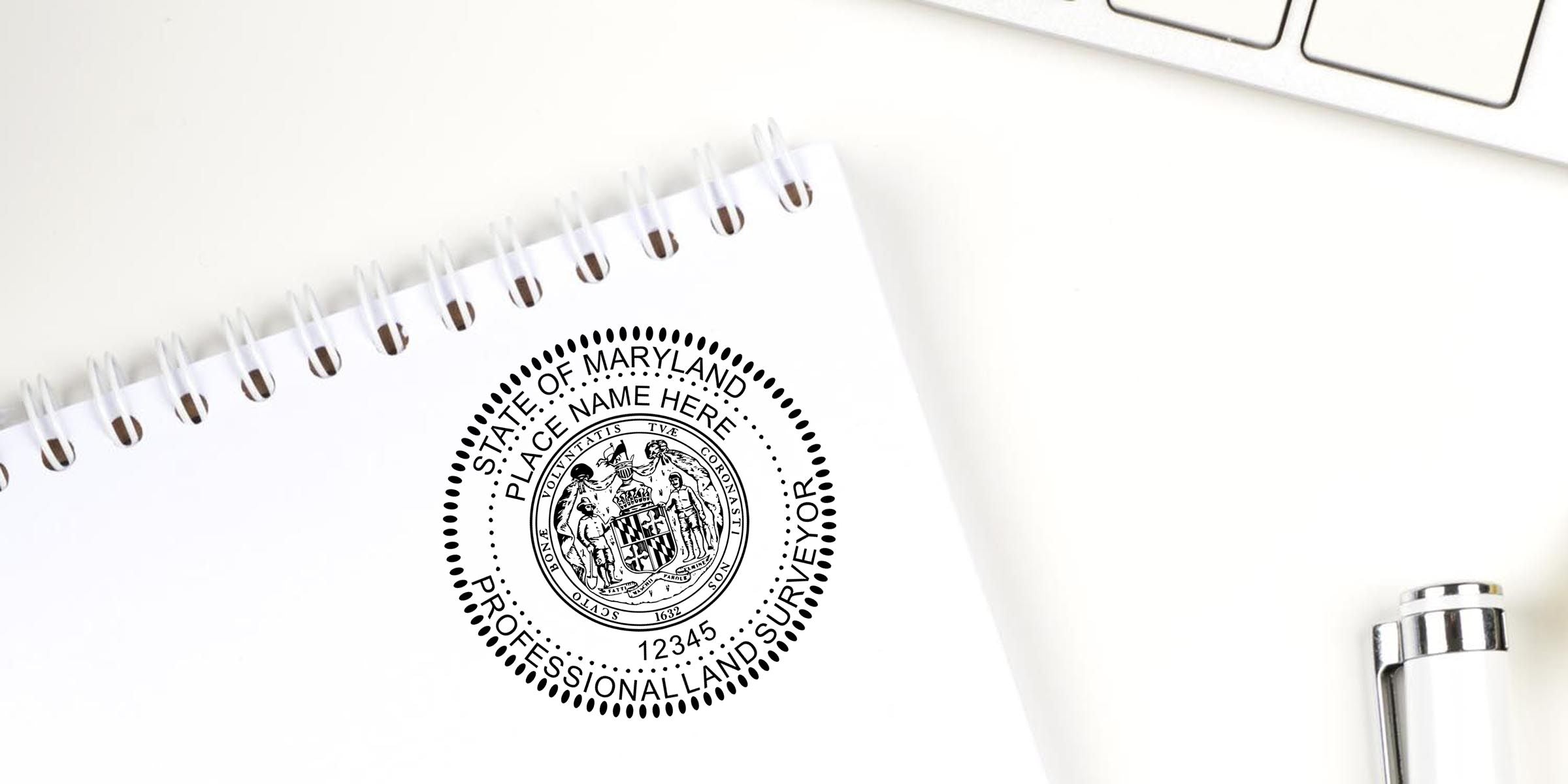 Maryland professional land surveyor notebook with state seal and customizable name, on a clean desk beside a laptop and pen