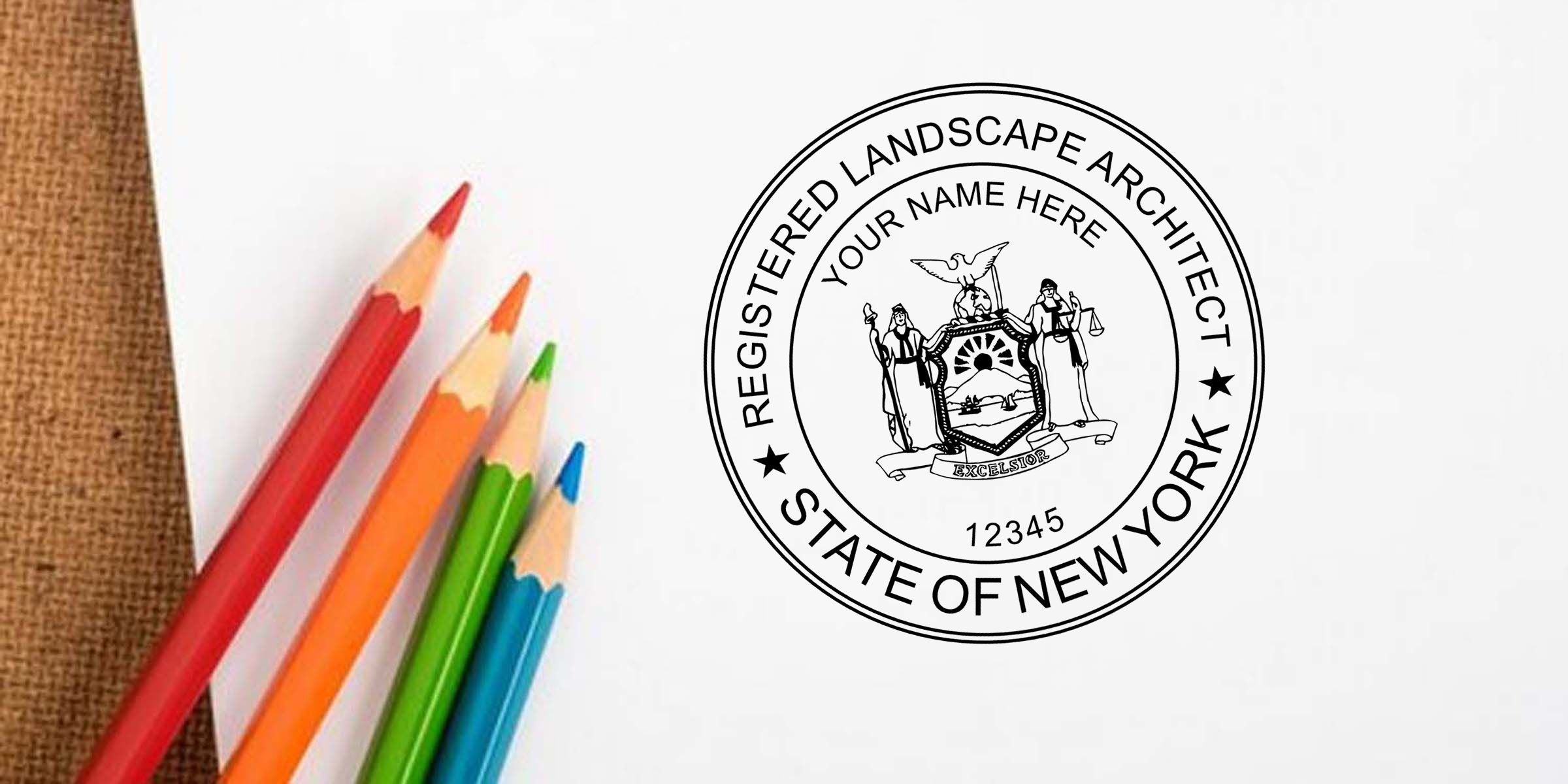 Colored pencils beside a New York Registered Landscape Architect seal on white paper with “Your Name Here” and license number 12345