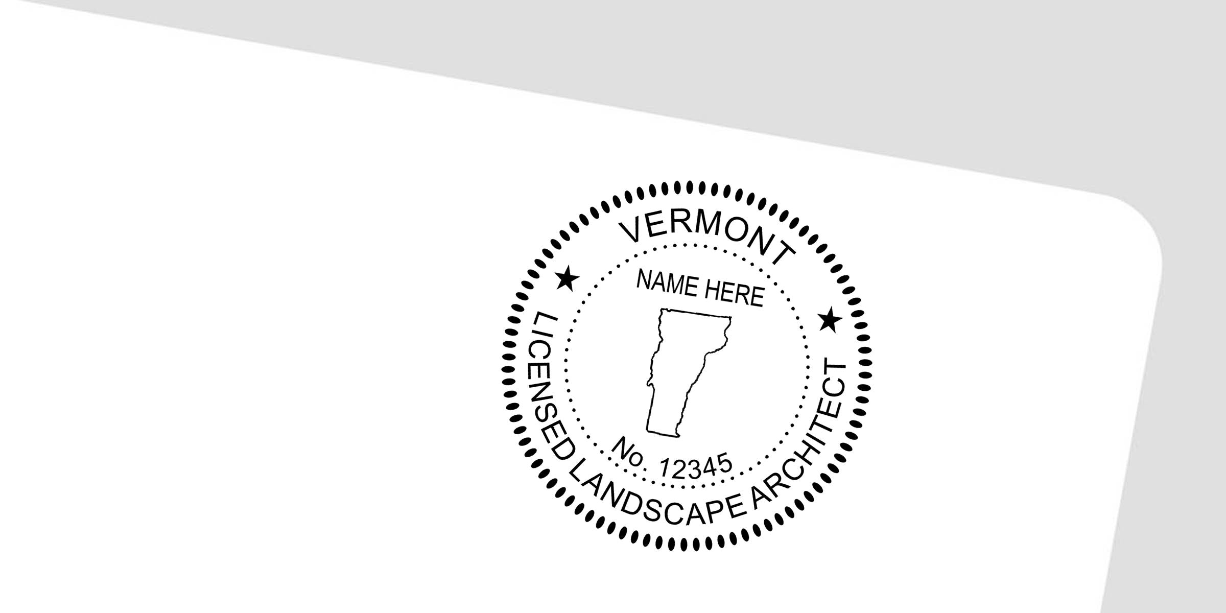 Vermont licensed landscape architect seal with state outline, “Name Here,” and license number 12345 on white document background