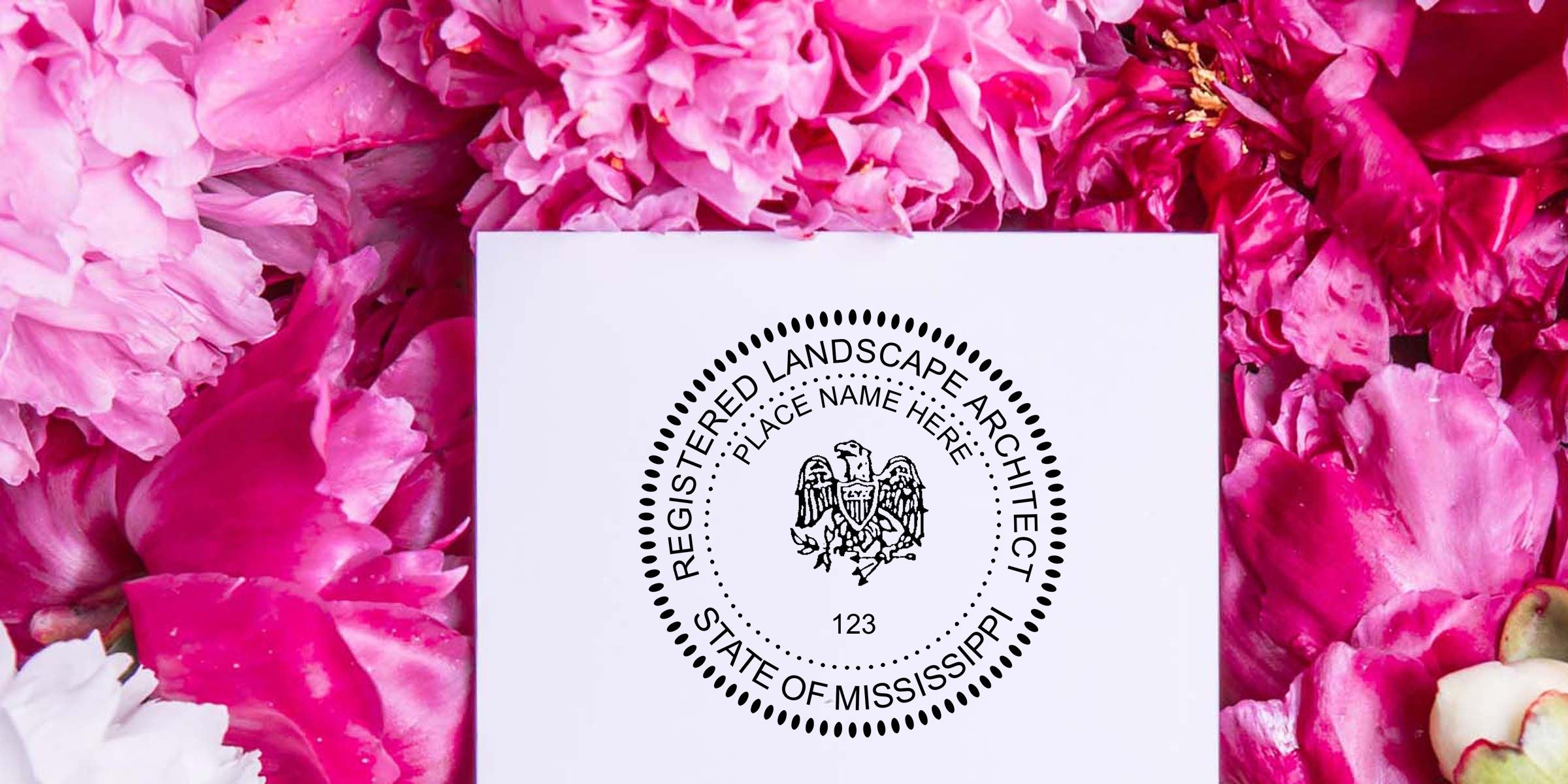 Mississippi Registered Landscape Architect seal on a white card surrounded by vibrant pink peony petals and floral arrangement background