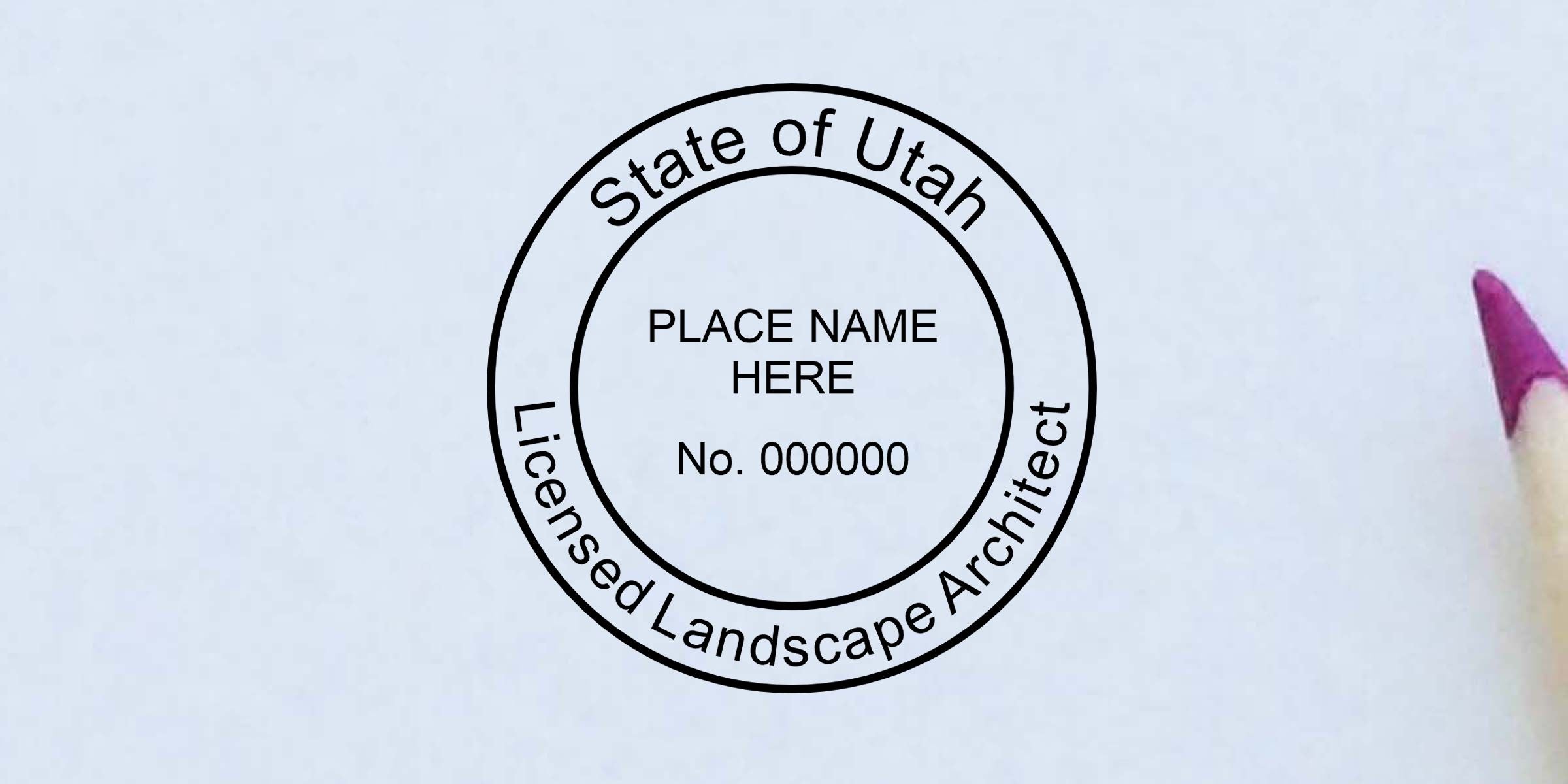 State of Utah licensed landscape architect seal template with placeholder place name and license number, shown on white paper with a pencil tip on the right