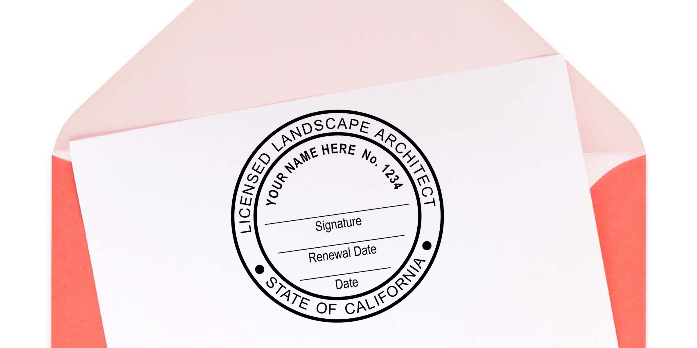Blank licensed landscape architect stamp on a pink envelope, showing California seal with signature, renewal date, and date fields for professional certification.