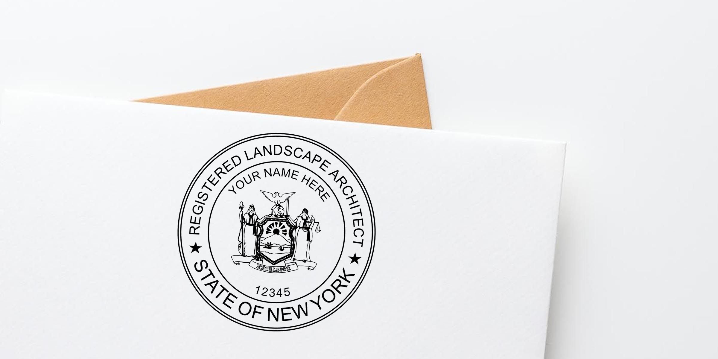 White envelope with brown liner featuring a Registered Landscape Architect State of New York seal and custom name placeholder on formal stationery