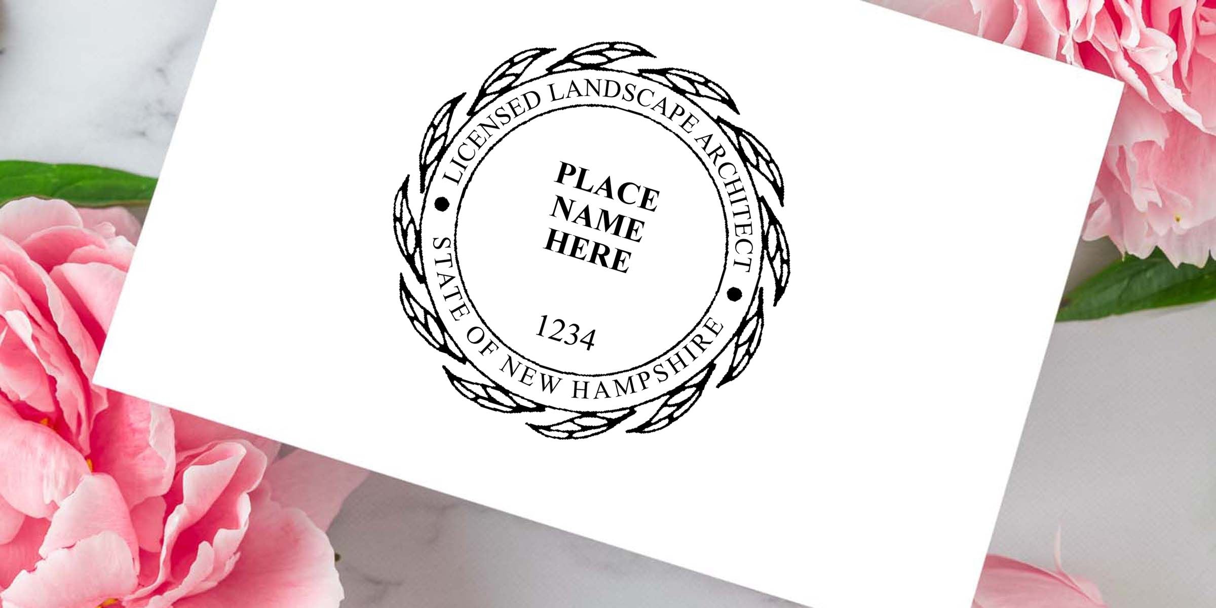 Custom licensed landscape architect seal logo on a white card with pink peonies, featuring Place Name Here and State of New Hampshire text