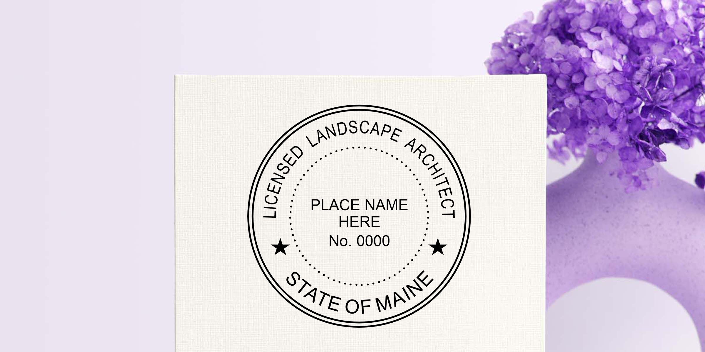 Licensed Landscape Architect State of Maine logo mockup on a white card with purple floral arrangement and lavender background