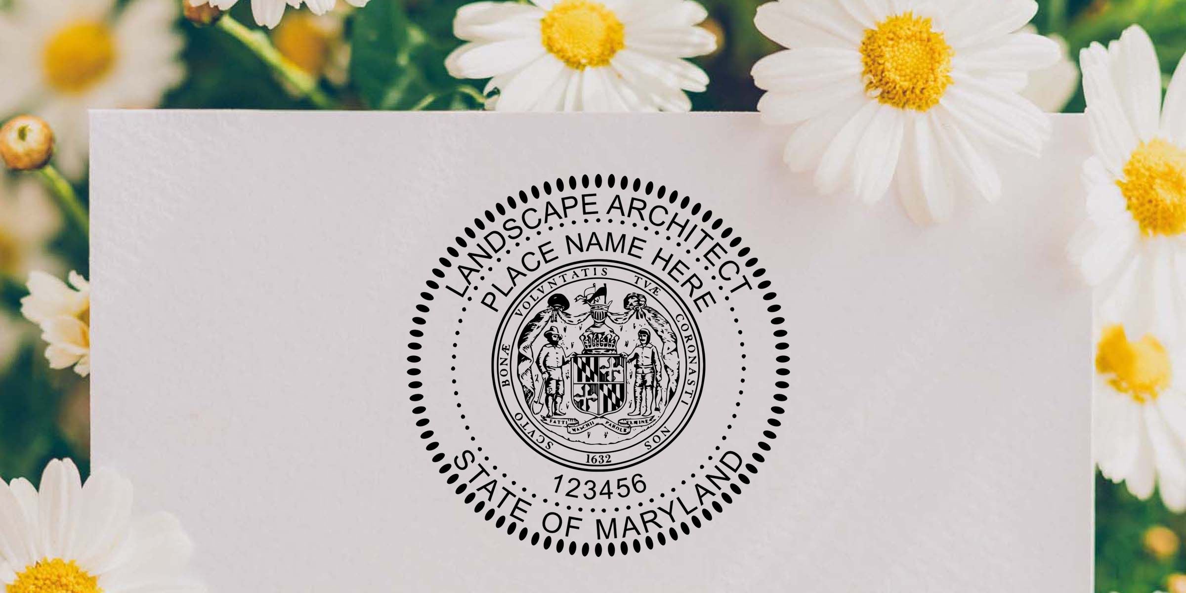White stationery card with Maryland state seal and “Landscape Architect” place name text, surrounded by daisies on a blurred floral background