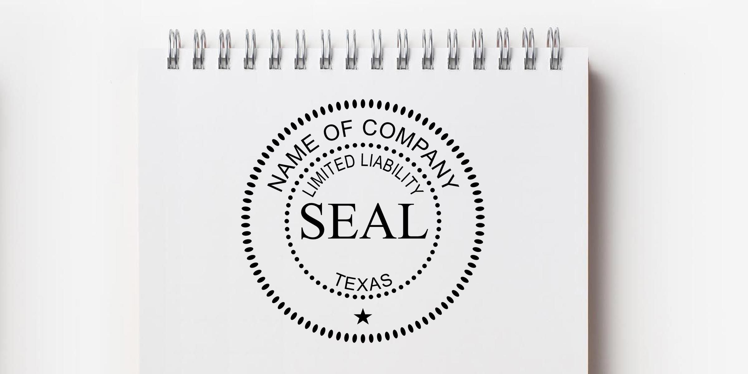 Spiral notebook with Texas LLC seal template, company name placeholder, and “Limited Liability” business emblem design
