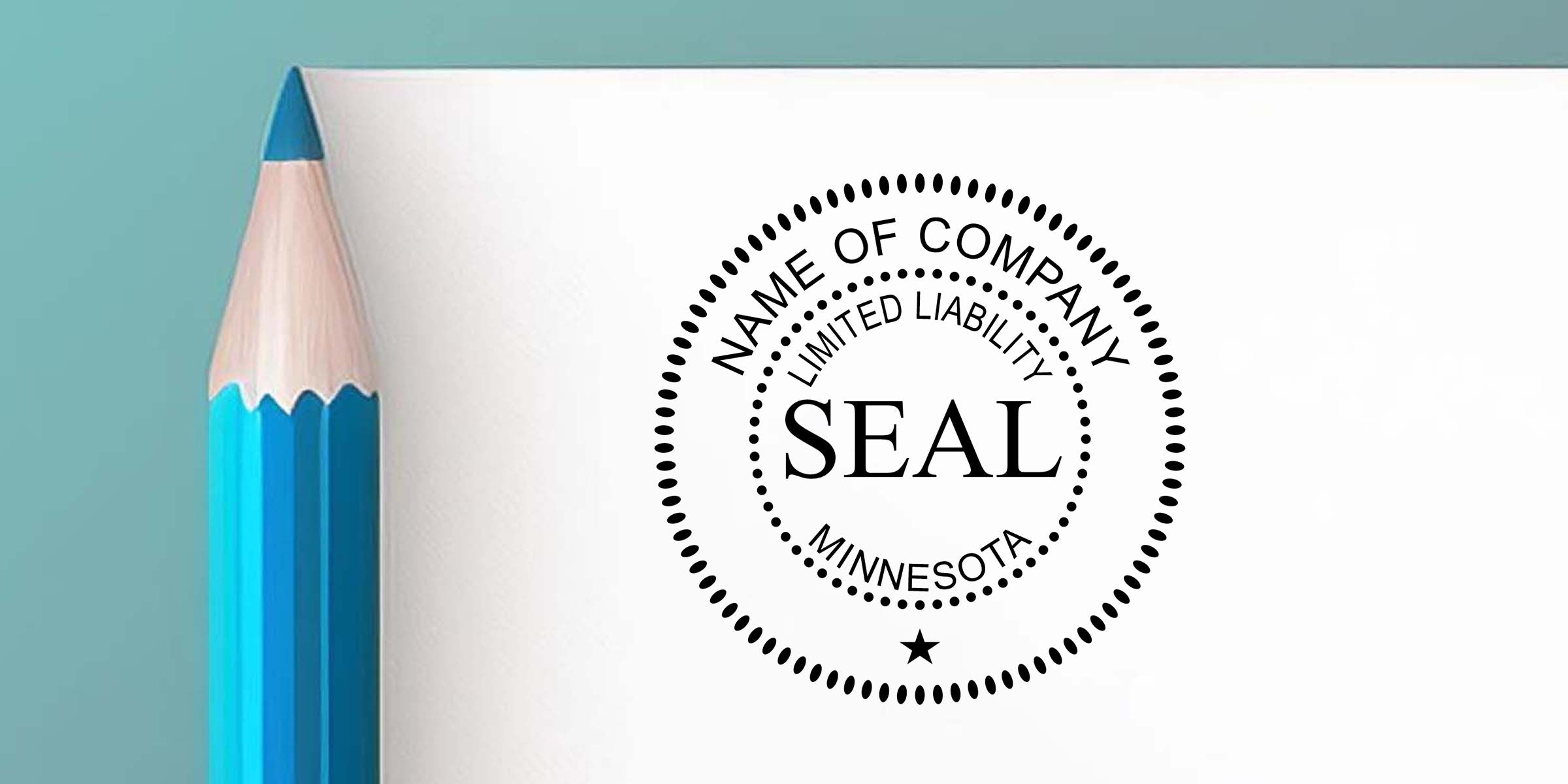 Blue pencil beside Minnesota LLC seal on white paper with company name template