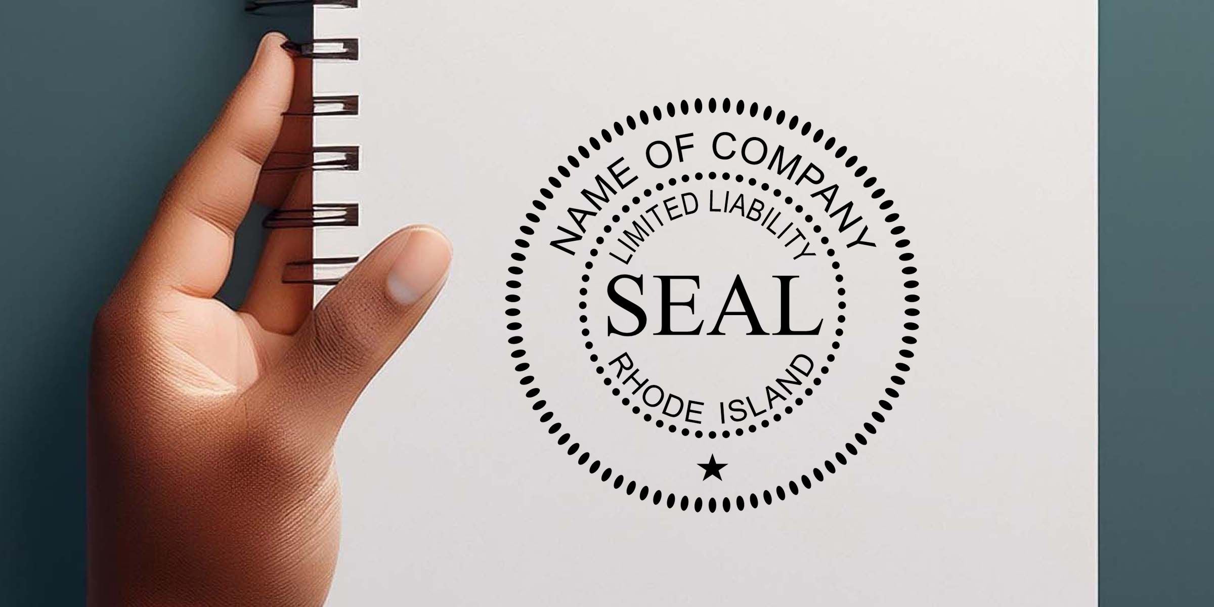Hand holding a spiral-bound notebook with a customizable limited liability company seal template reading Name of Company, Limited Liability, Rhode Island, and Seal.
