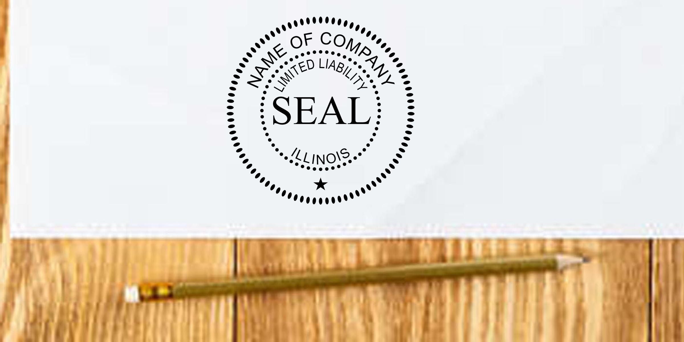 Illinois limited liability company seal stamped on a white document with a pencil resting on a wooden desk