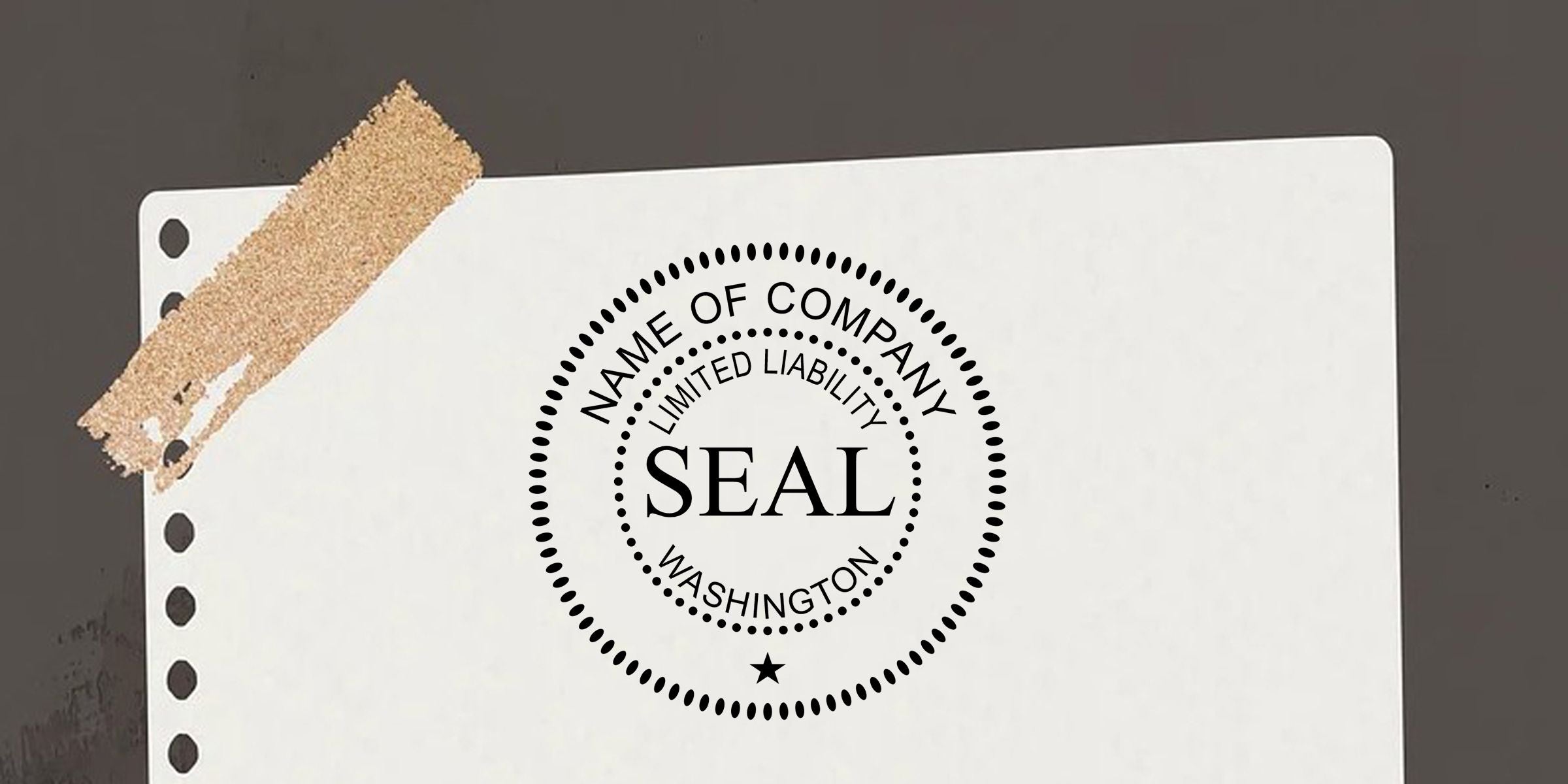 Blank company seal template with circular limited liability Washington stamp design on white paper, secured with tape and binder holes on a gray background