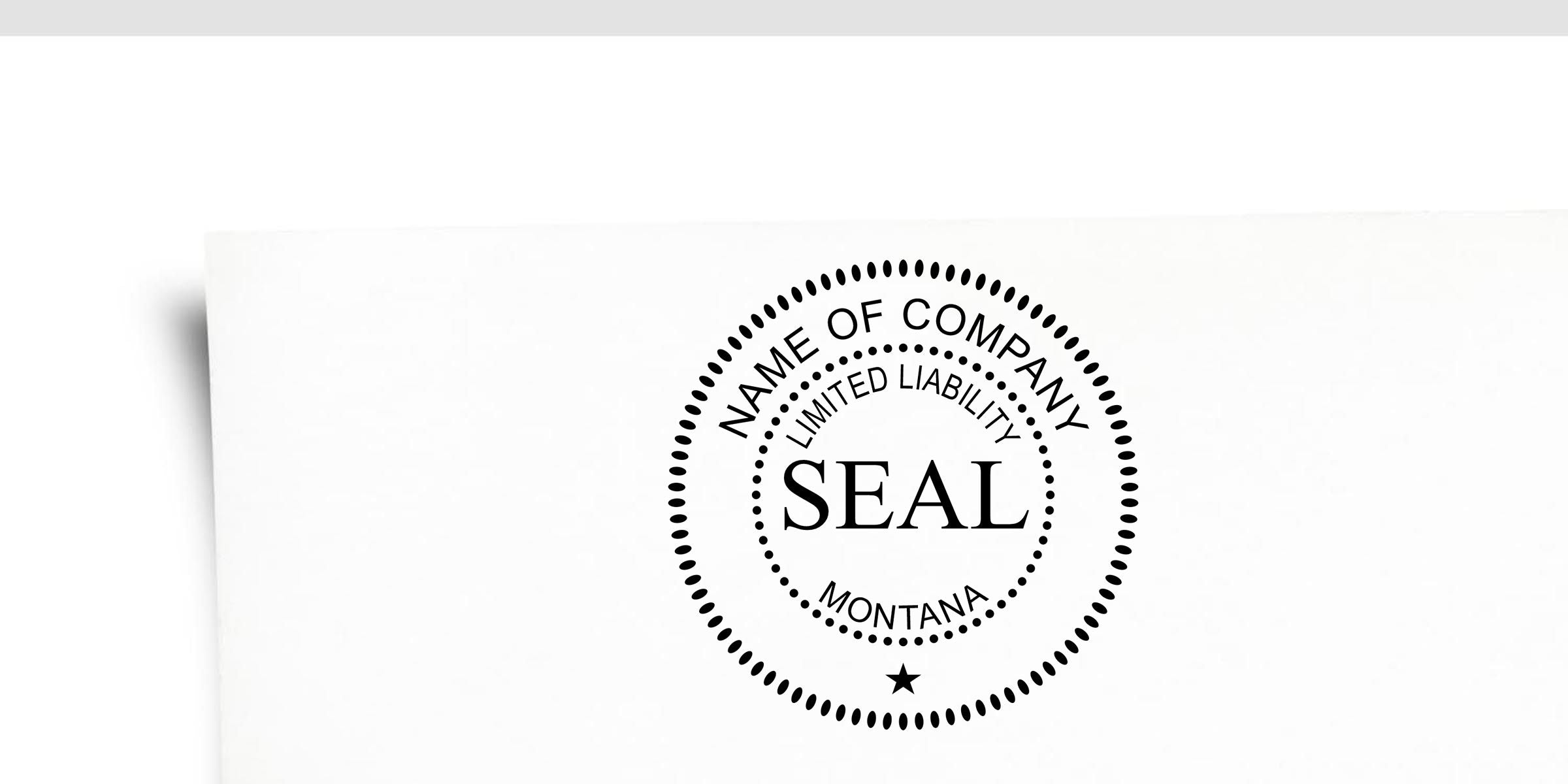 Montana limited liability company seal stamp with “NAME OF COMPANY” and “SEAL” text on a white document background