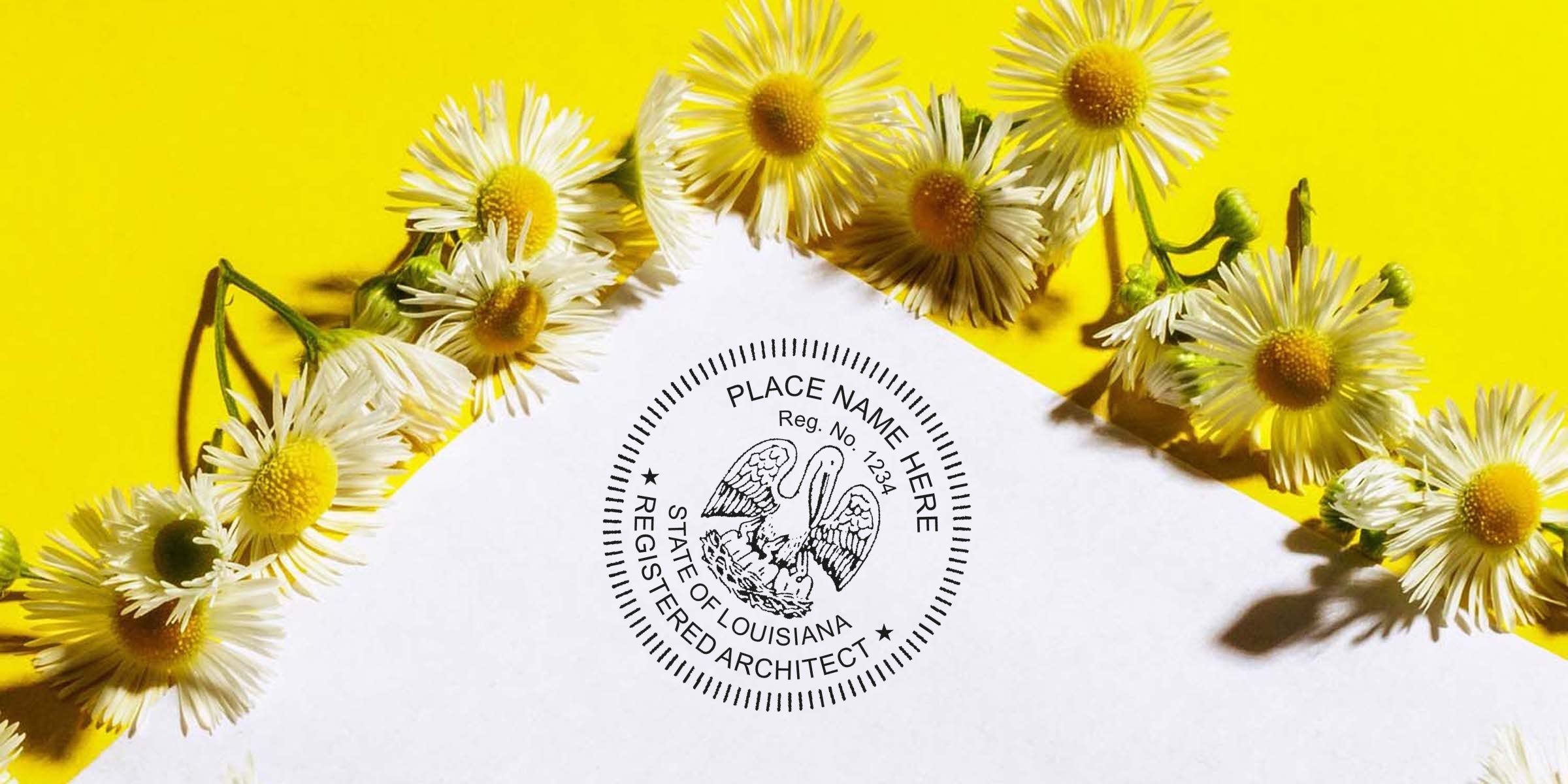 Louisiana architect stamp on white paper with yellow daisies, set against a bright yellow background, showing architect license verification details.