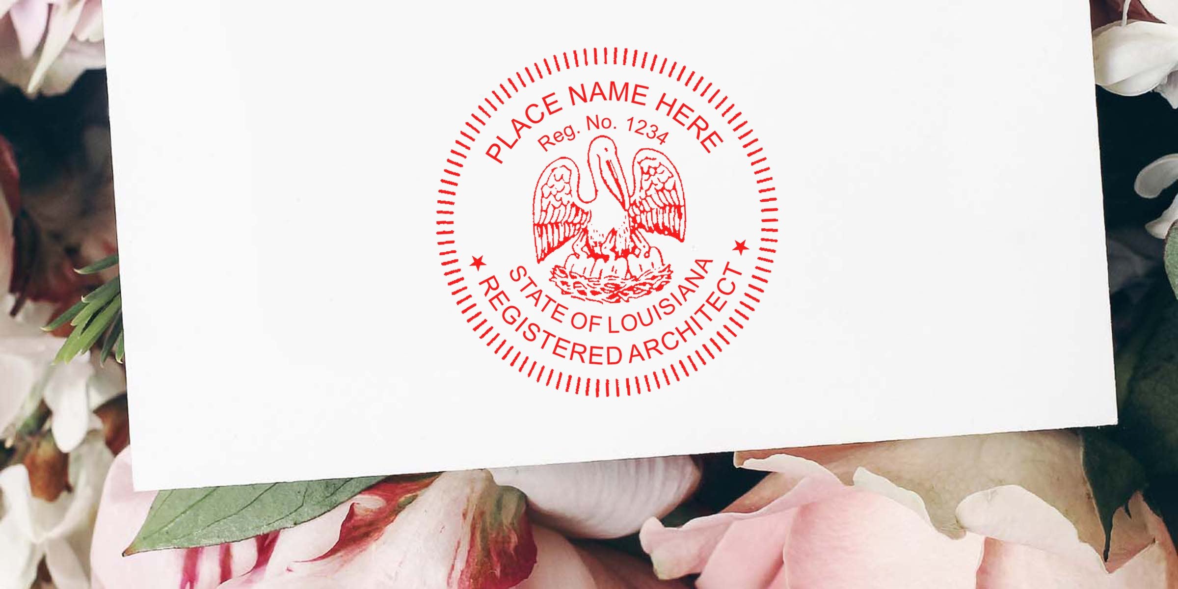 Louisiana architect stamp with registered architect seal on white paper, set against a floral background, highlighting the stamp design.