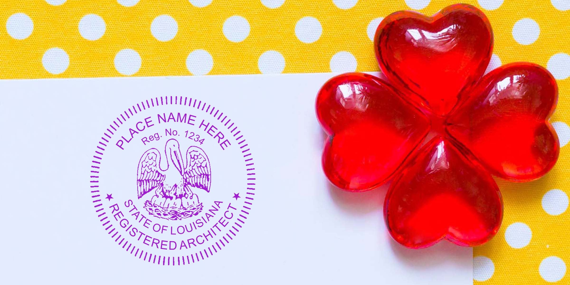 Louisiana architect seal on white paper with red heart decorations on yellow polka dot background, illustrating Louisiana architect stamp laws and requirements.