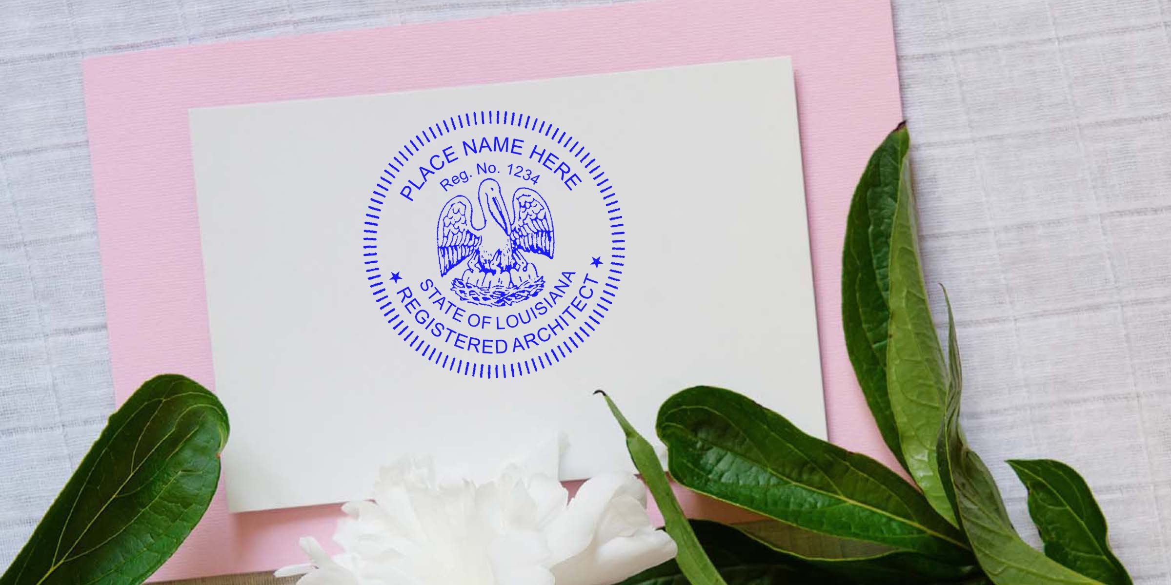 Louisiana architect seal on white paper with registered seal, green leaves, and white flower on pink background, highlighting Louisiana architect seal specifications.