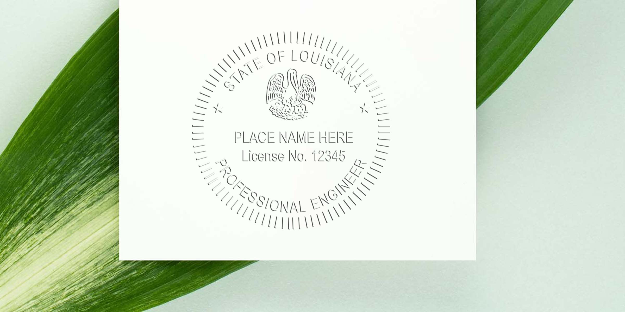Embossed Louisiana Professional Engineer Seal on white paper with a green leaf background, highlighting the Engineer Seal Stamp's professionalism.