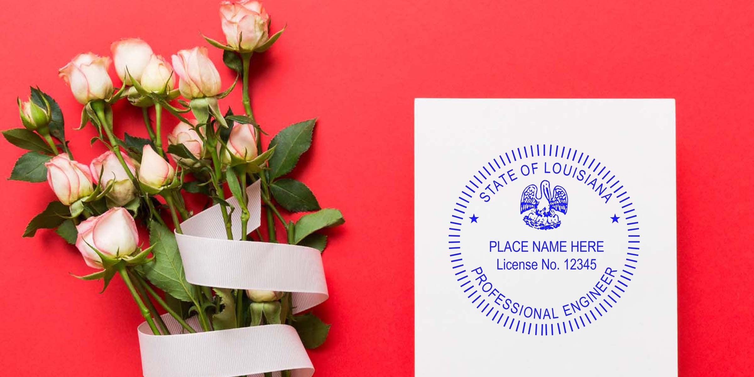 Pink rose bouquet tied with white ribbon beside Louisiana professional engineer license, featuring the Louisiana engineer seal and various seal designs on a red background.